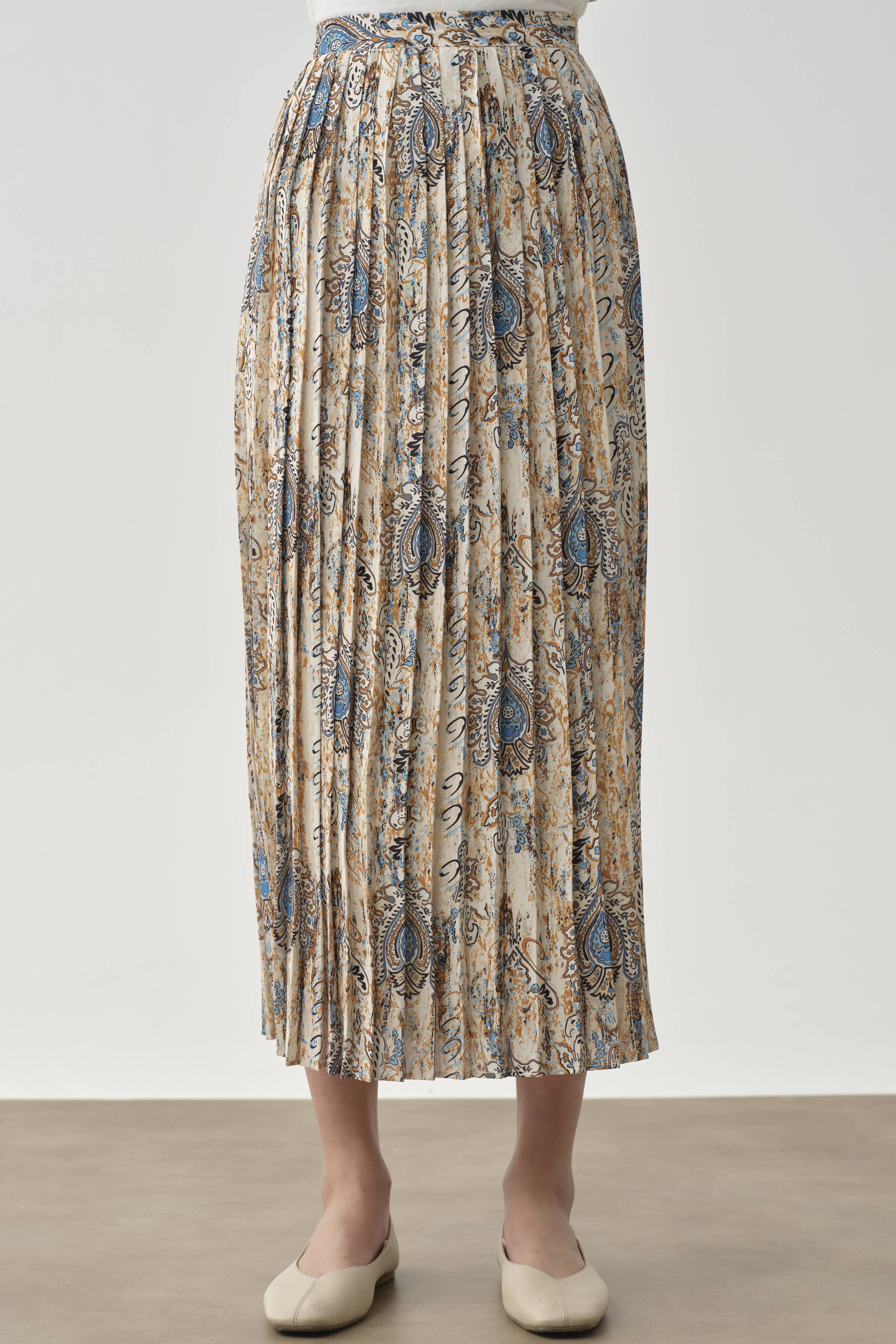 Desenli Plise Etek - Camel TUGBA