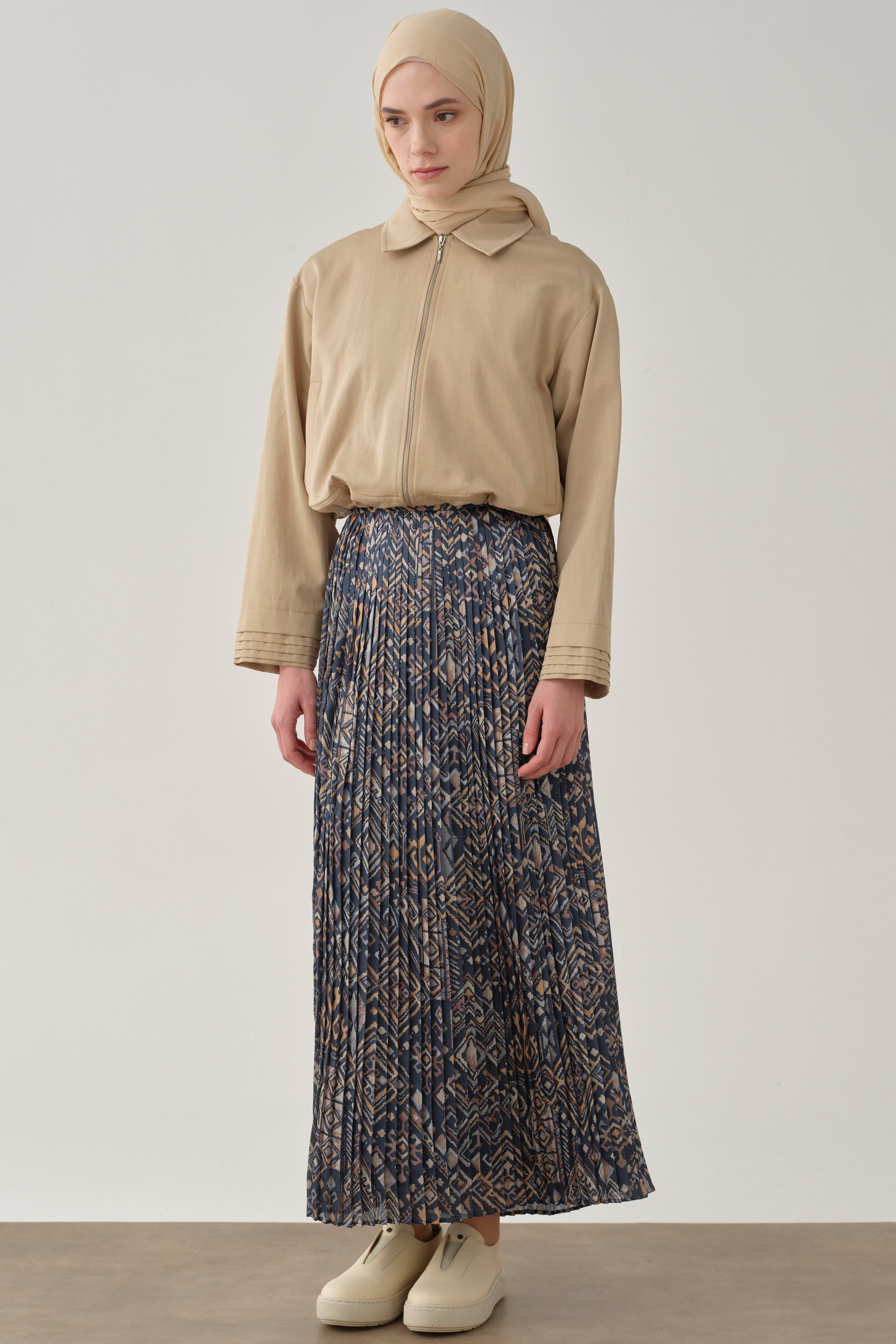 Desenli Plise Etek - İndigo TUGBA