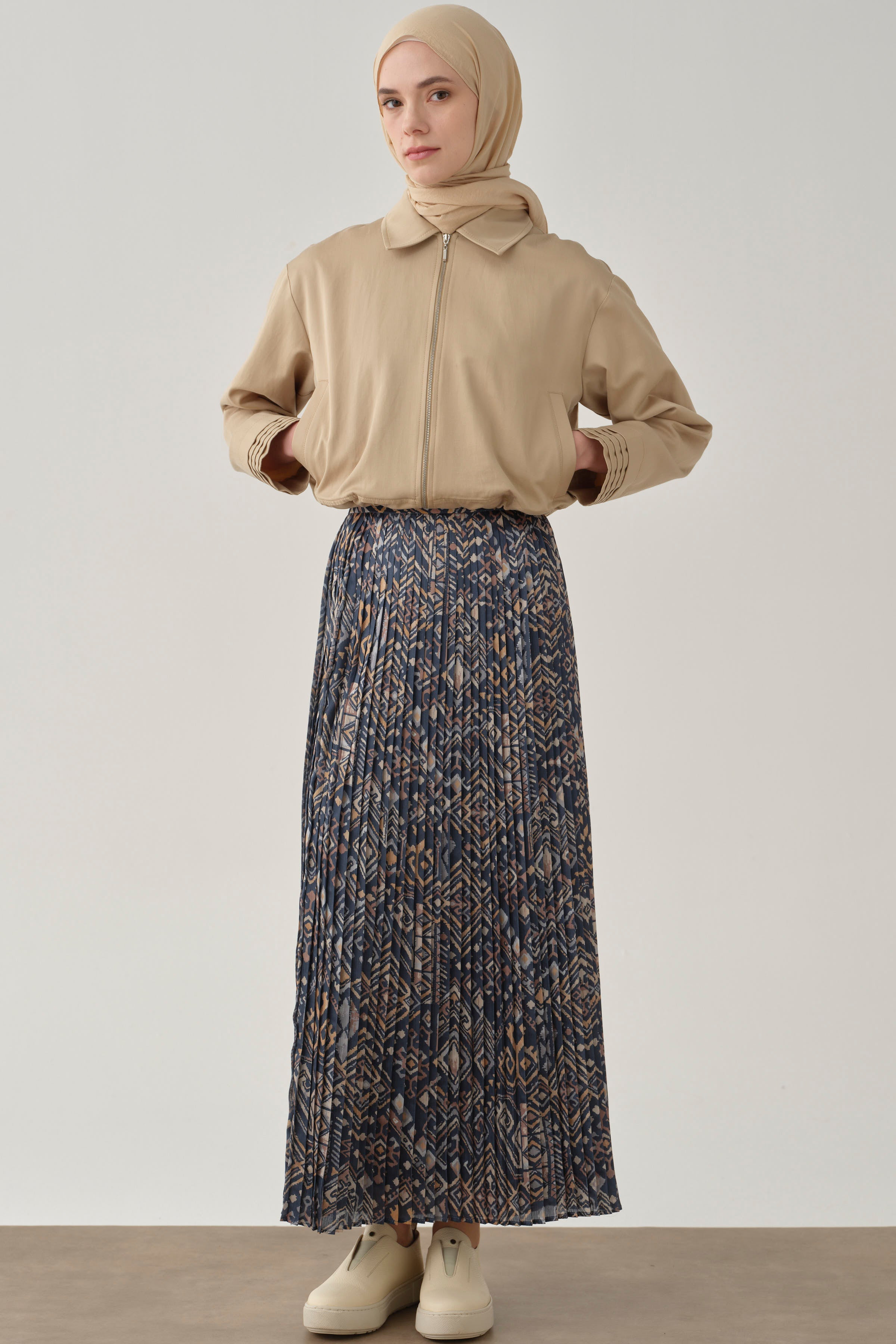 Desenli Plise Etek - İndigo TUGBA