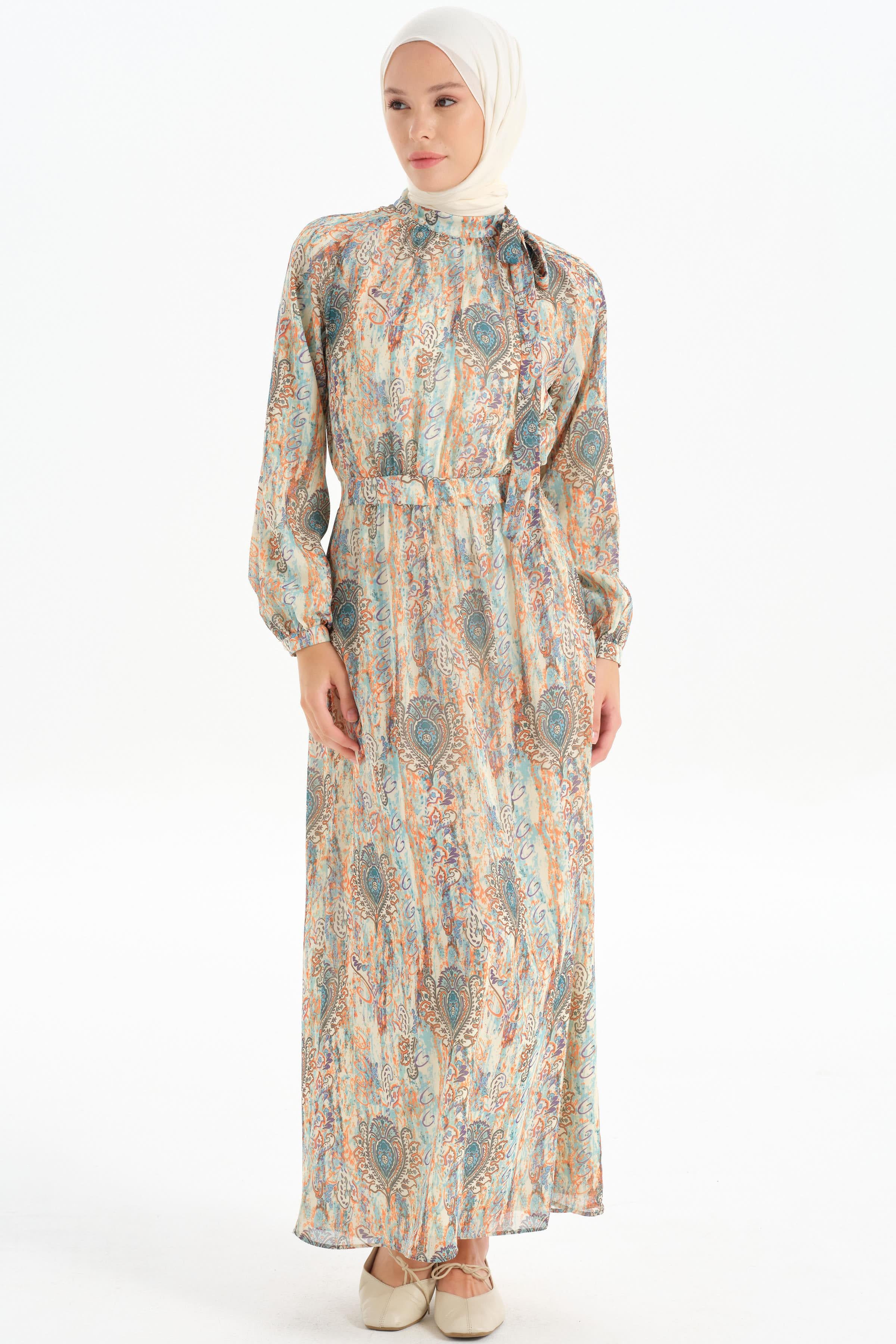 Desenli Şifon Elbise - Mint TUGBA