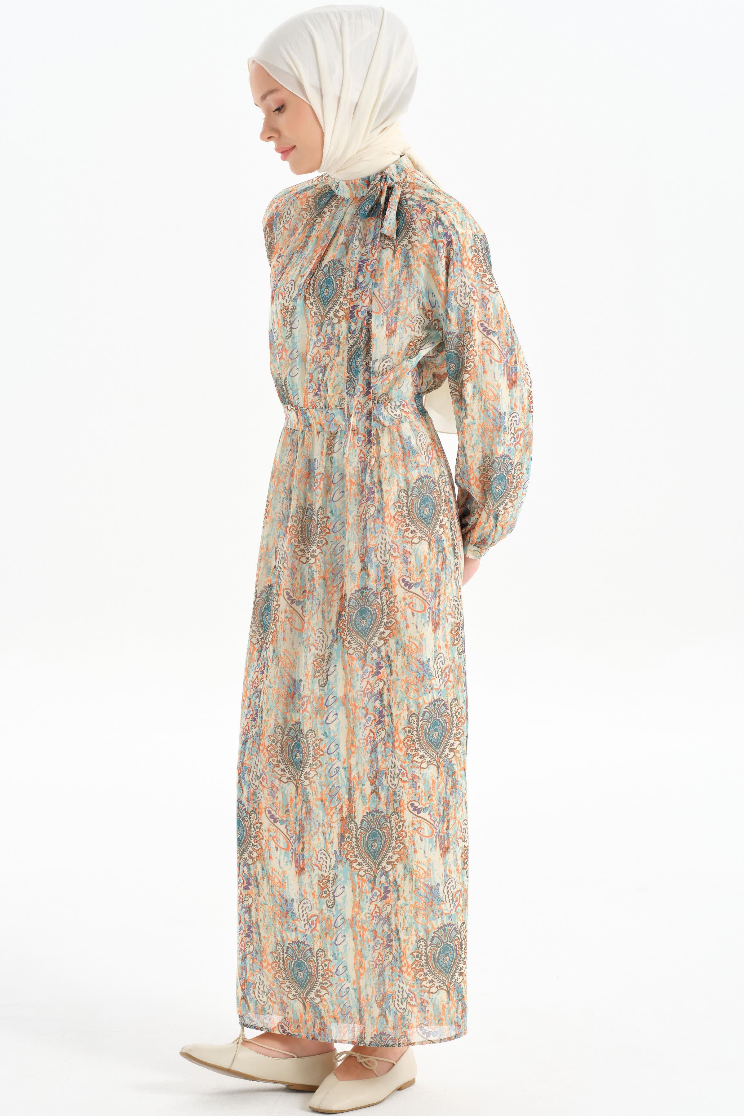 Desenli Şifon Elbise - Mint TUGBA