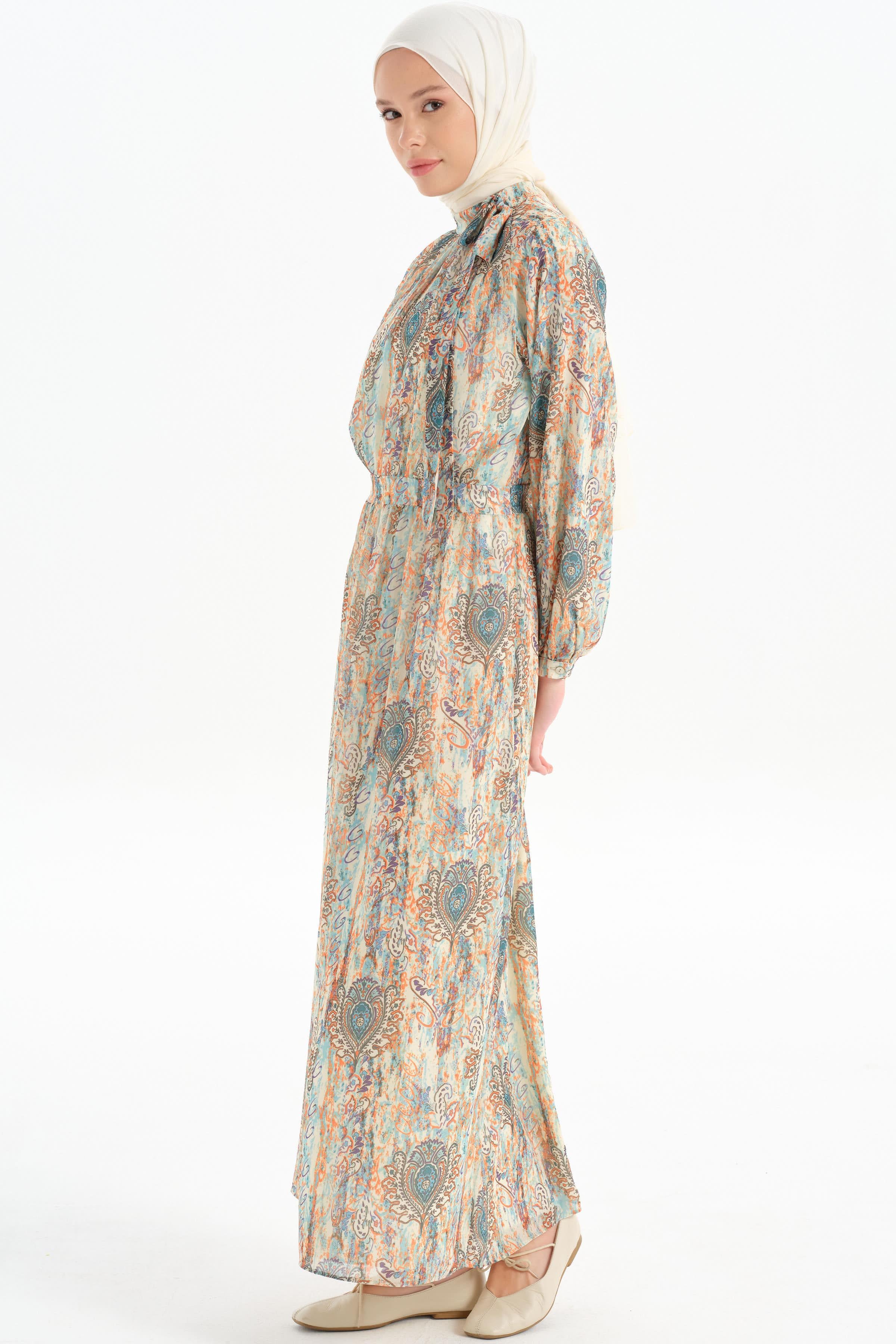 Desenli Şifon Elbise - Mint TUGBA