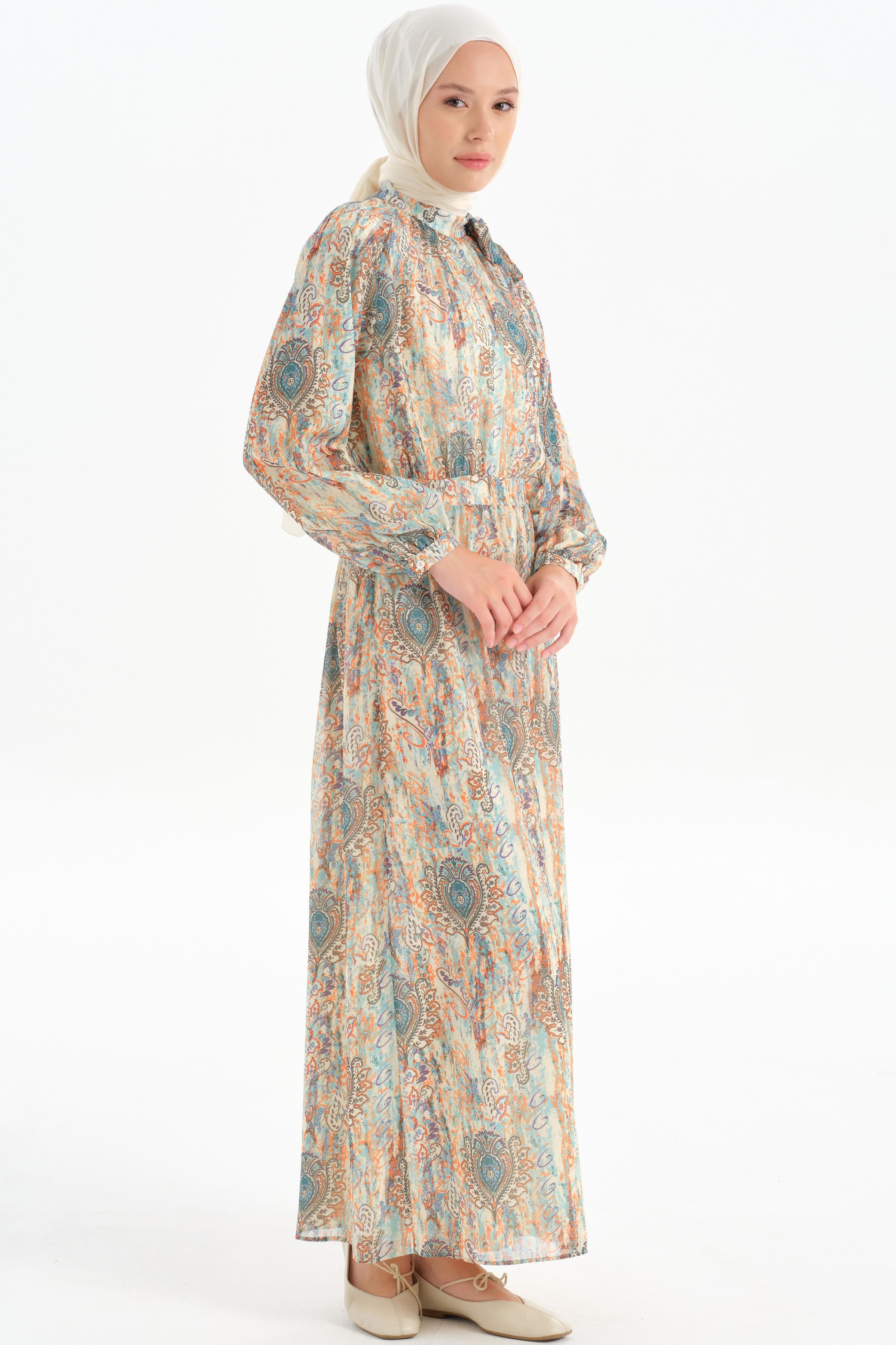 Desenli Şifon Elbise - Mint TUGBA