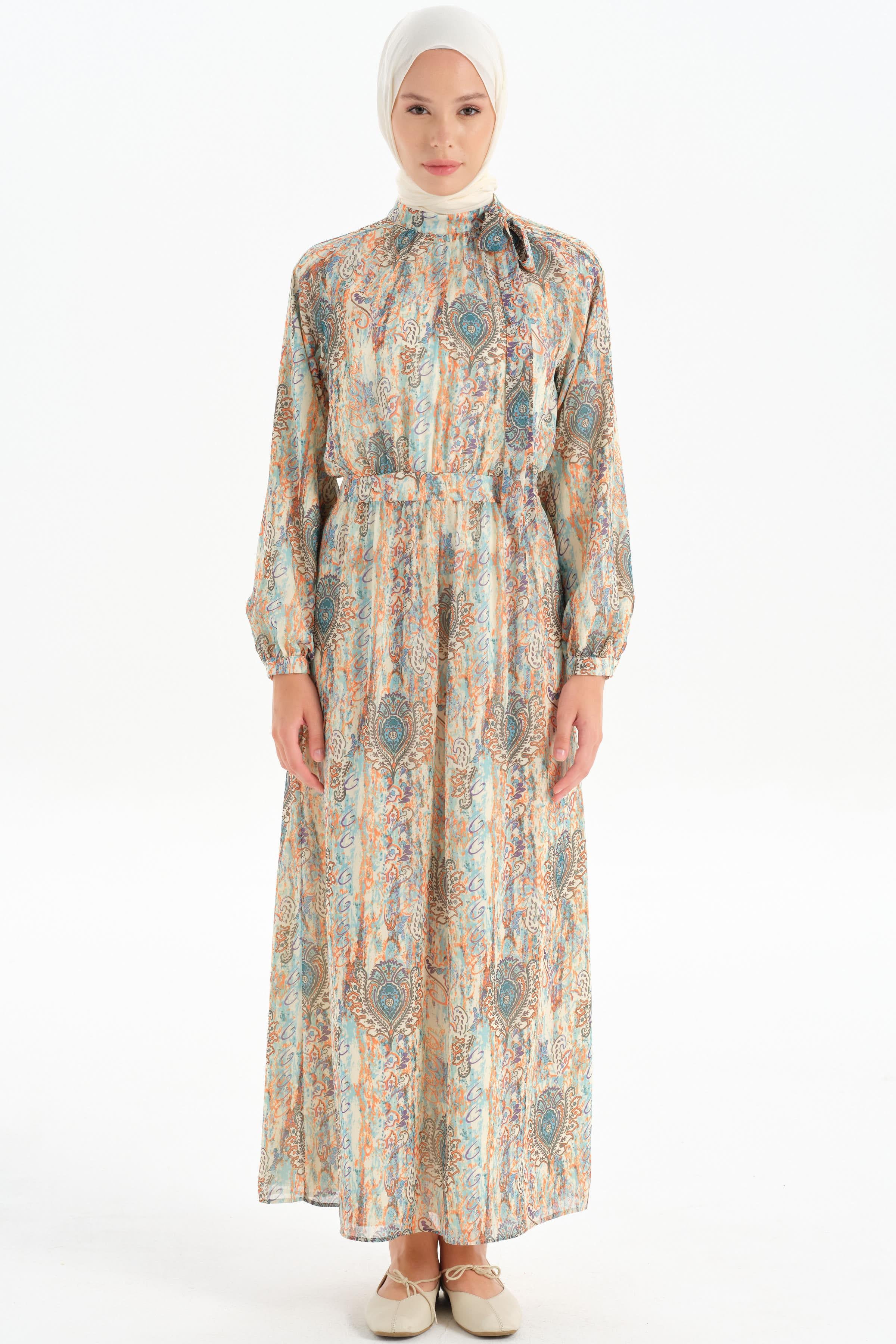 Desenli Şifon Elbise - Mint TUGBA