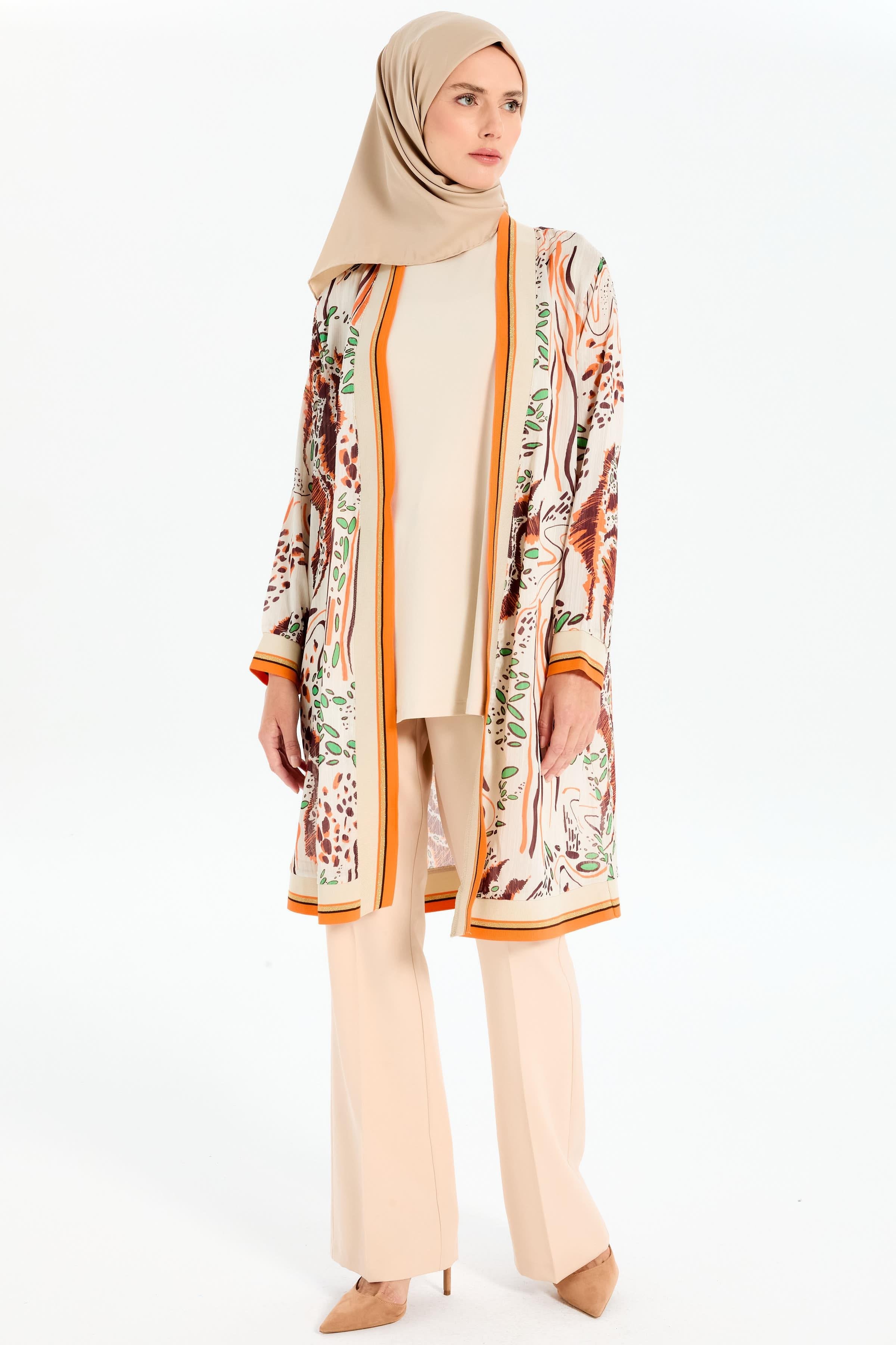 Desenli Şifon Ribana Detaylı İkili Takım - Bej TUGBA