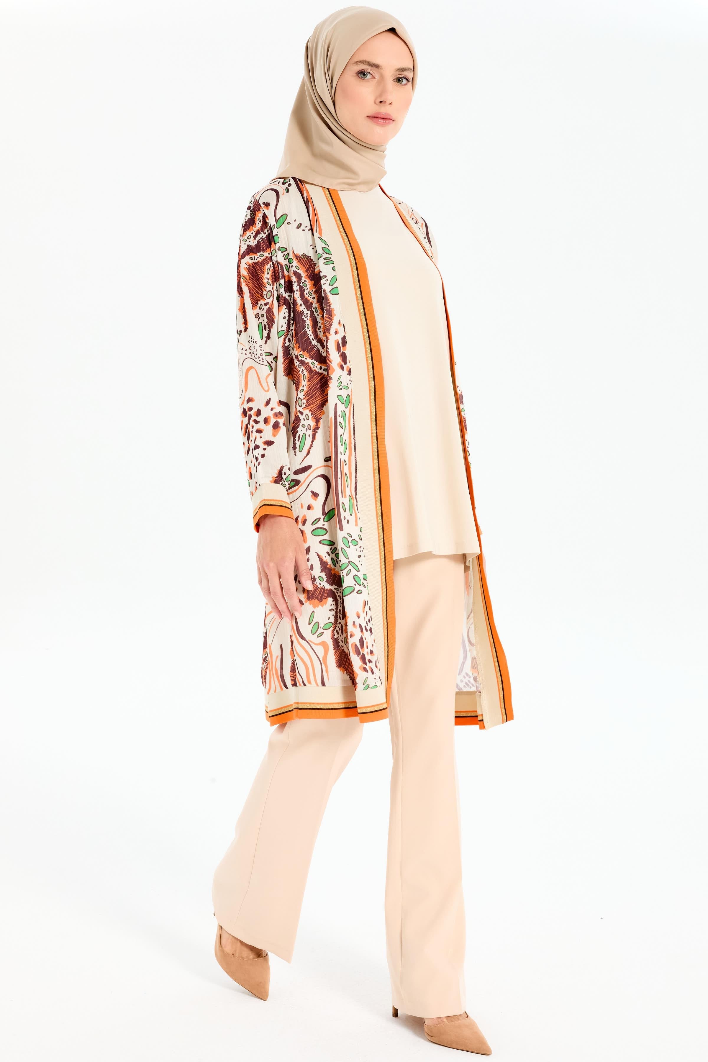 Desenli Şifon Ribana Detaylı İkili Takım - Bej TUGBA