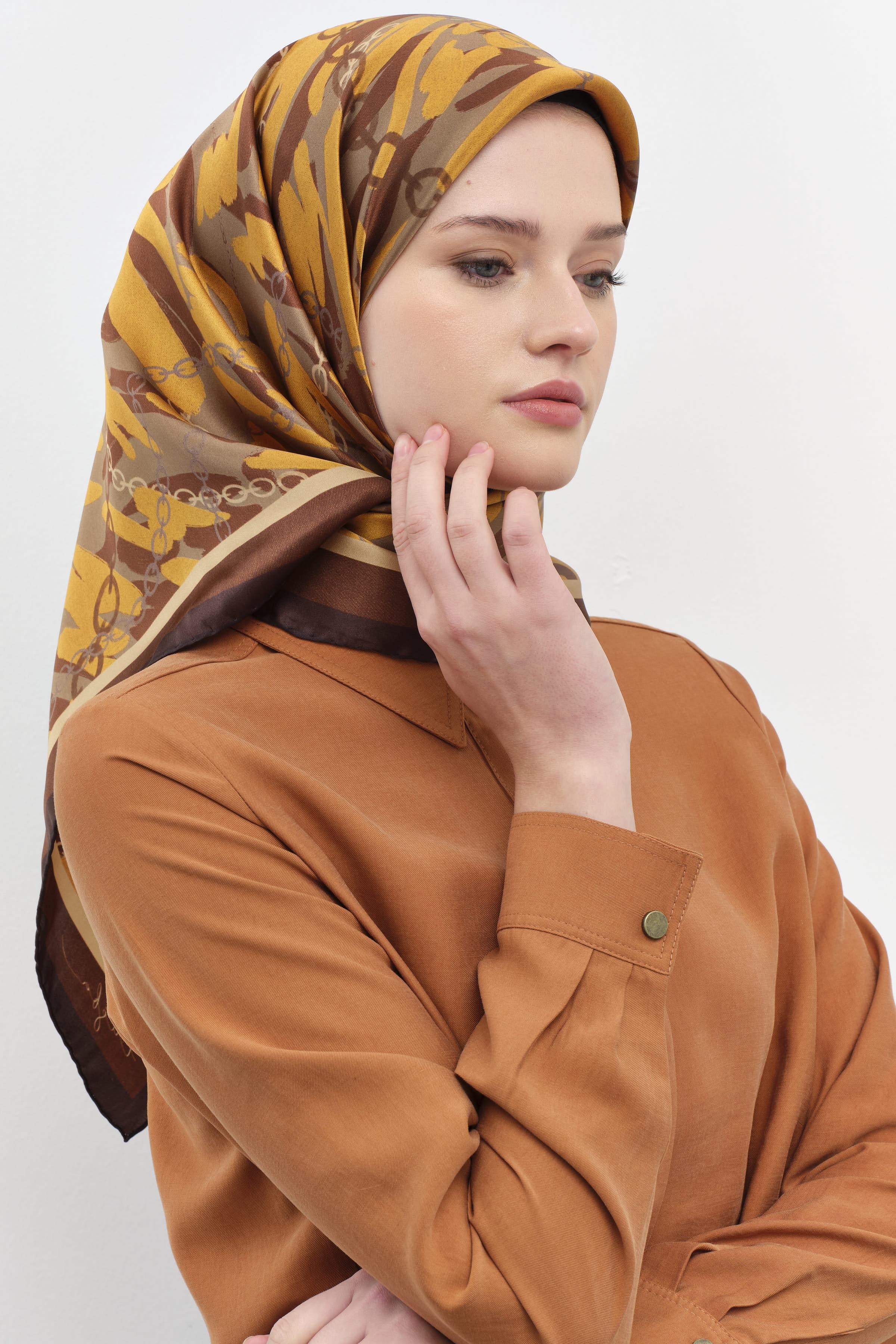 Zincir Desen Sura İpek Eşarp - Bakır TUGBA