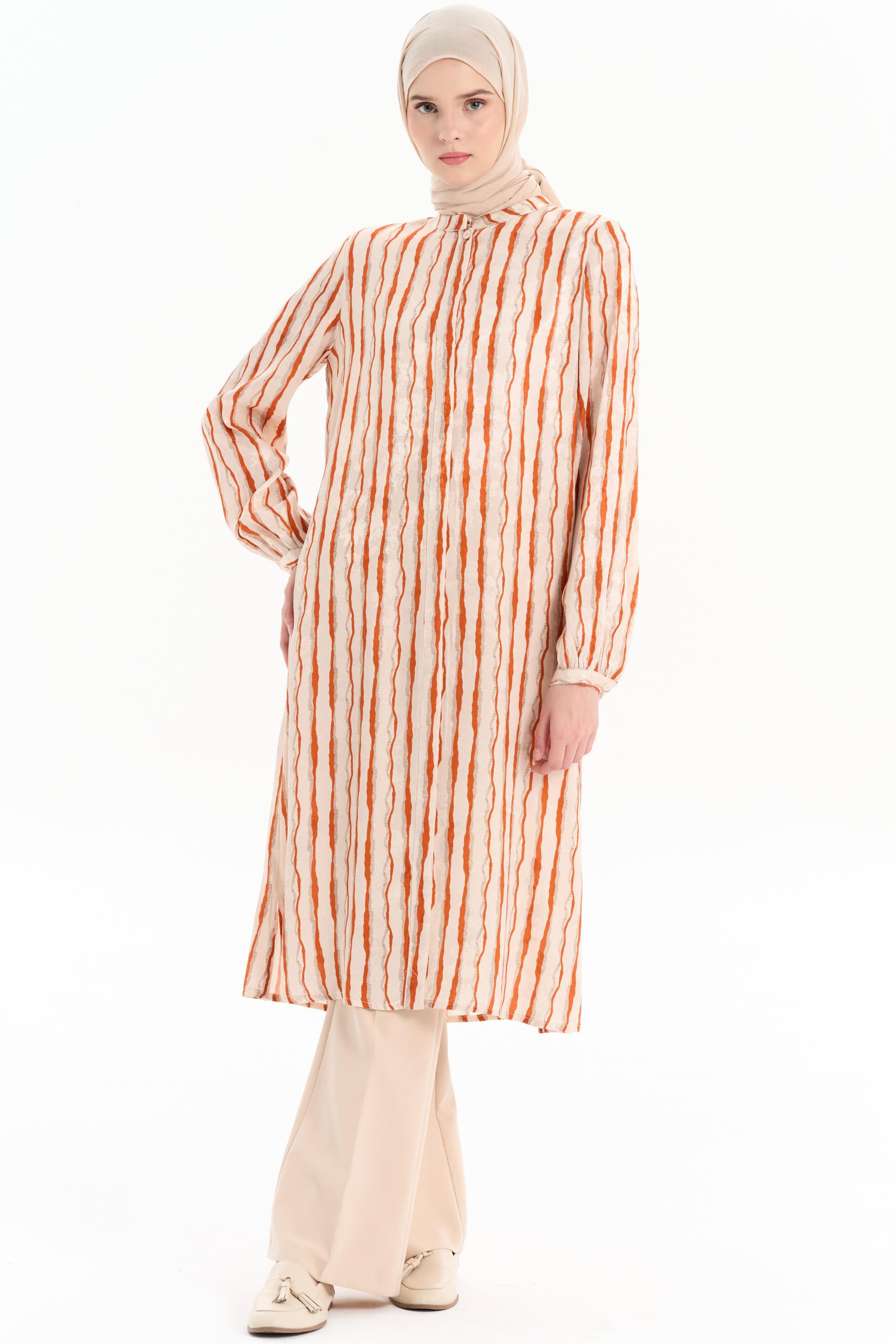 Desenli Yırtmaç Detaylı Tunik - Turuncu TUGBA