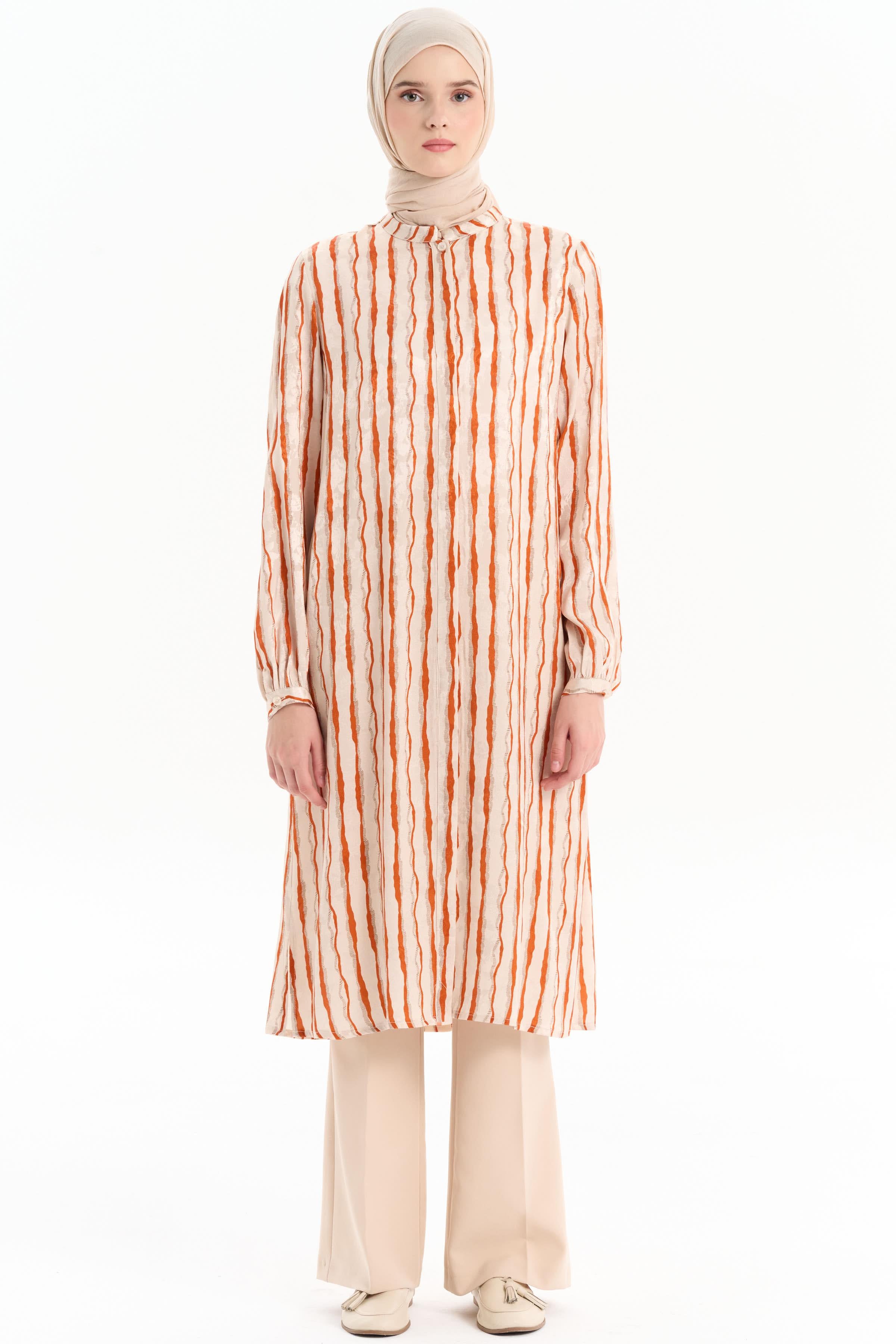 Desenli Yırtmaç Detaylı Tunik - Turuncu TUGBA