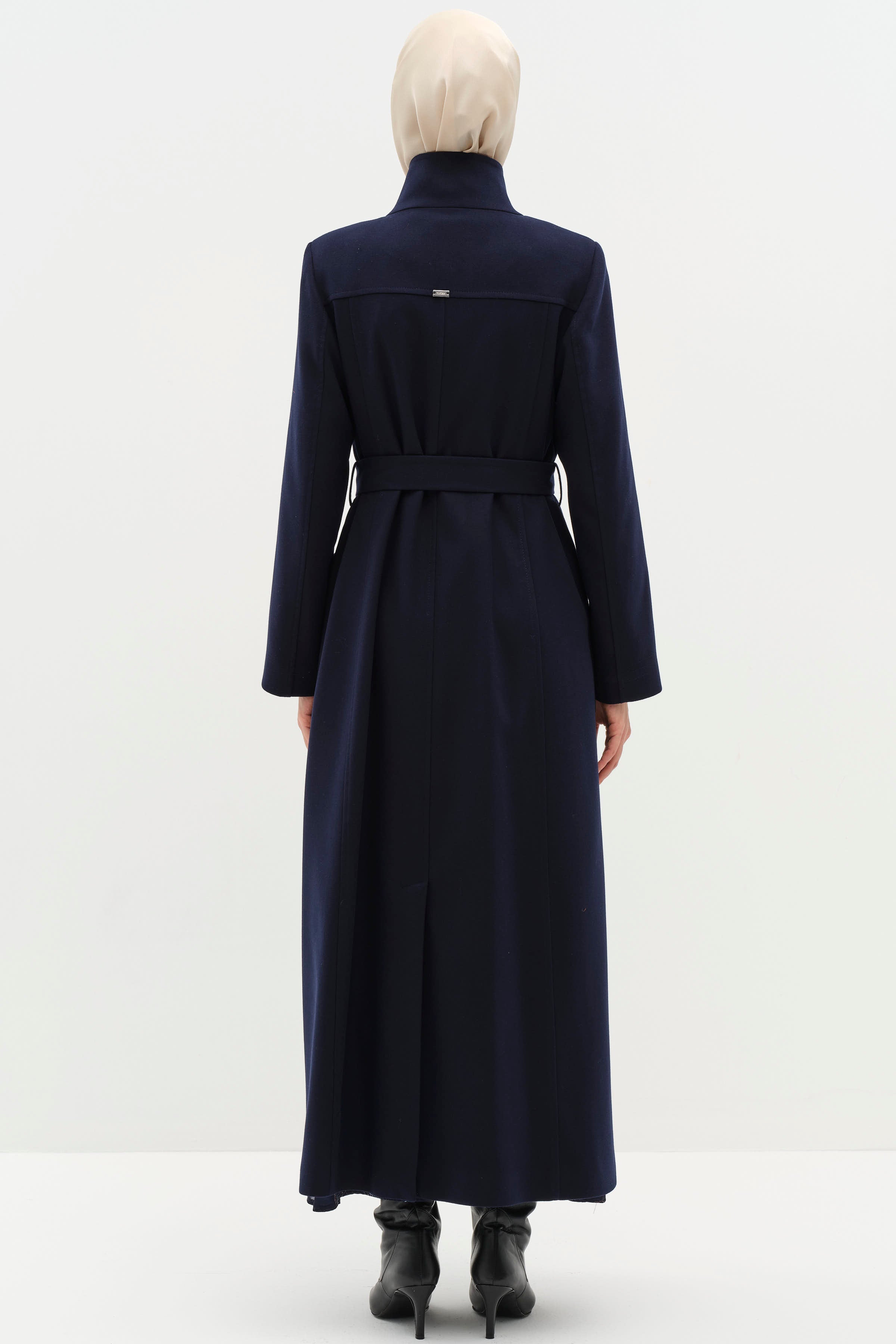 Dik Yakalı Beli Kuşaklı Manto - Lacivert TUGBA