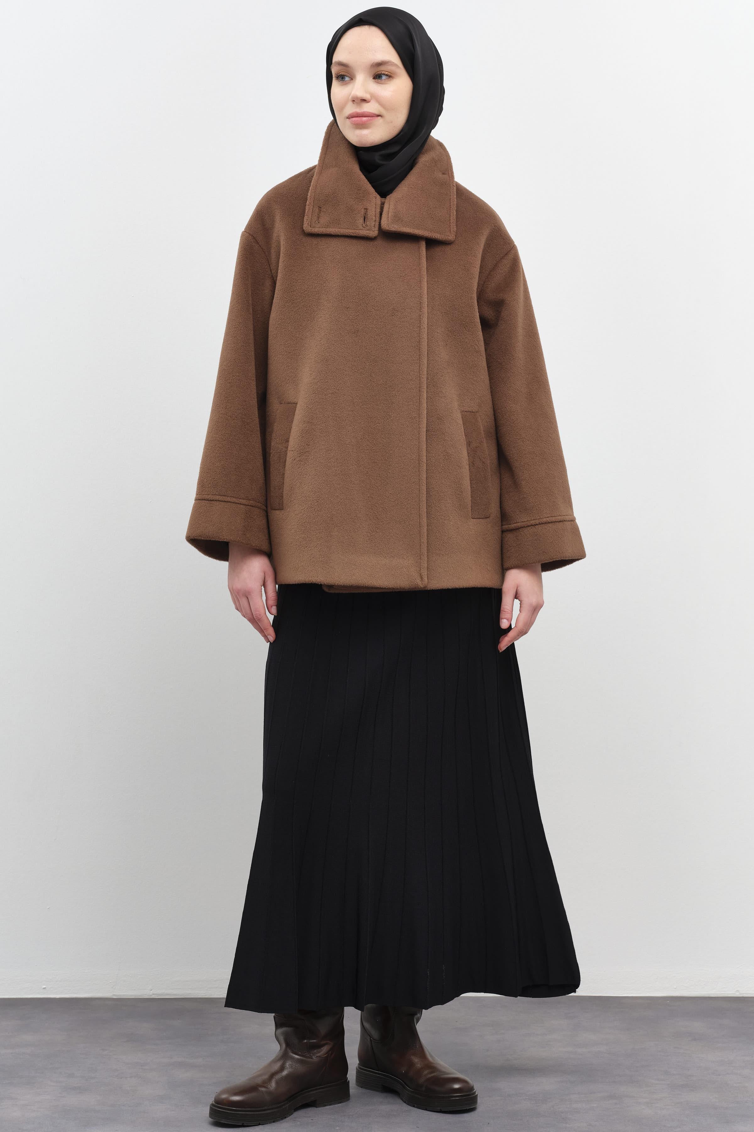 Dik Yakalı Mini Mont - Kahve TUGBA