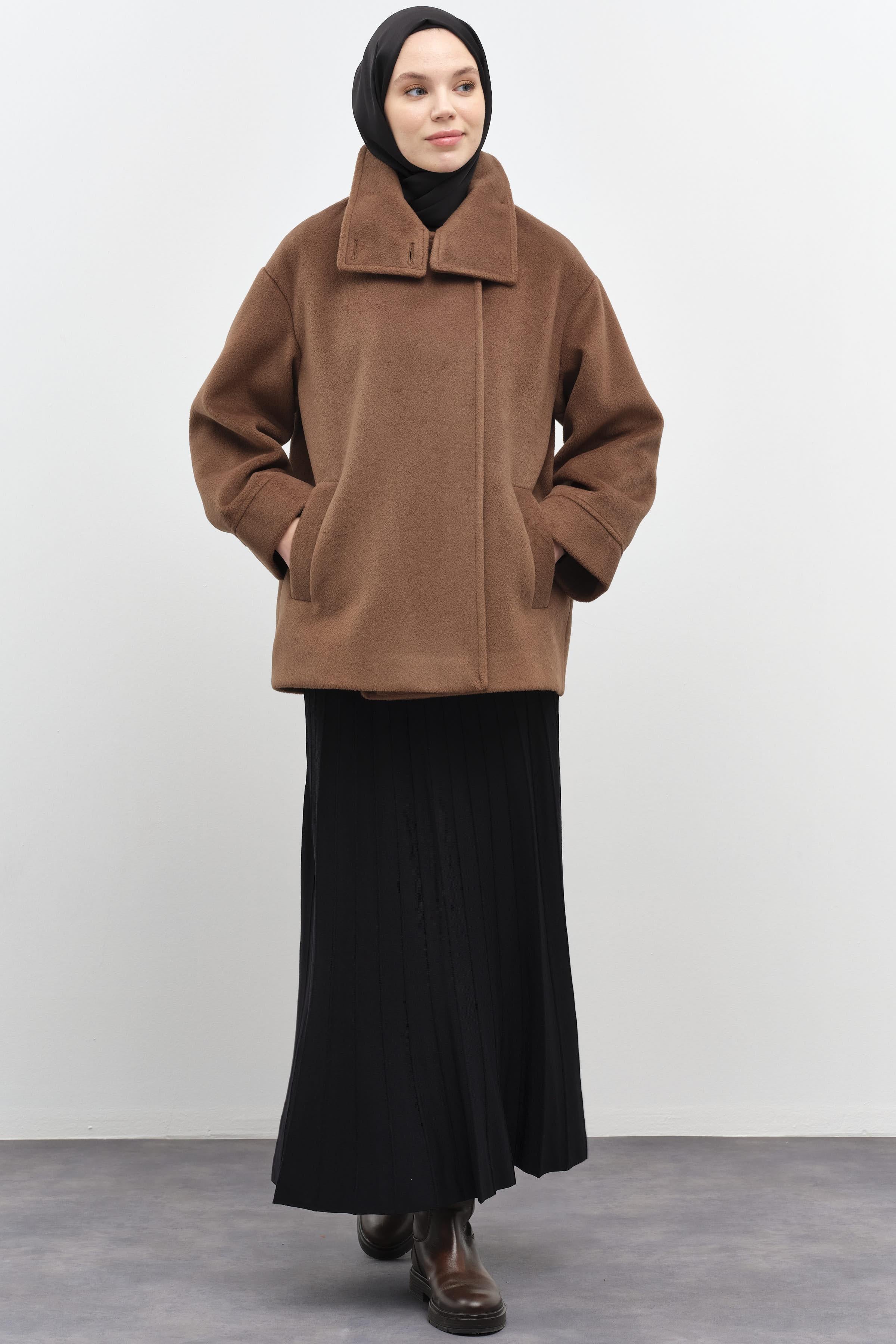 Dik Yakalı Mini Mont - Kahve TUGBA