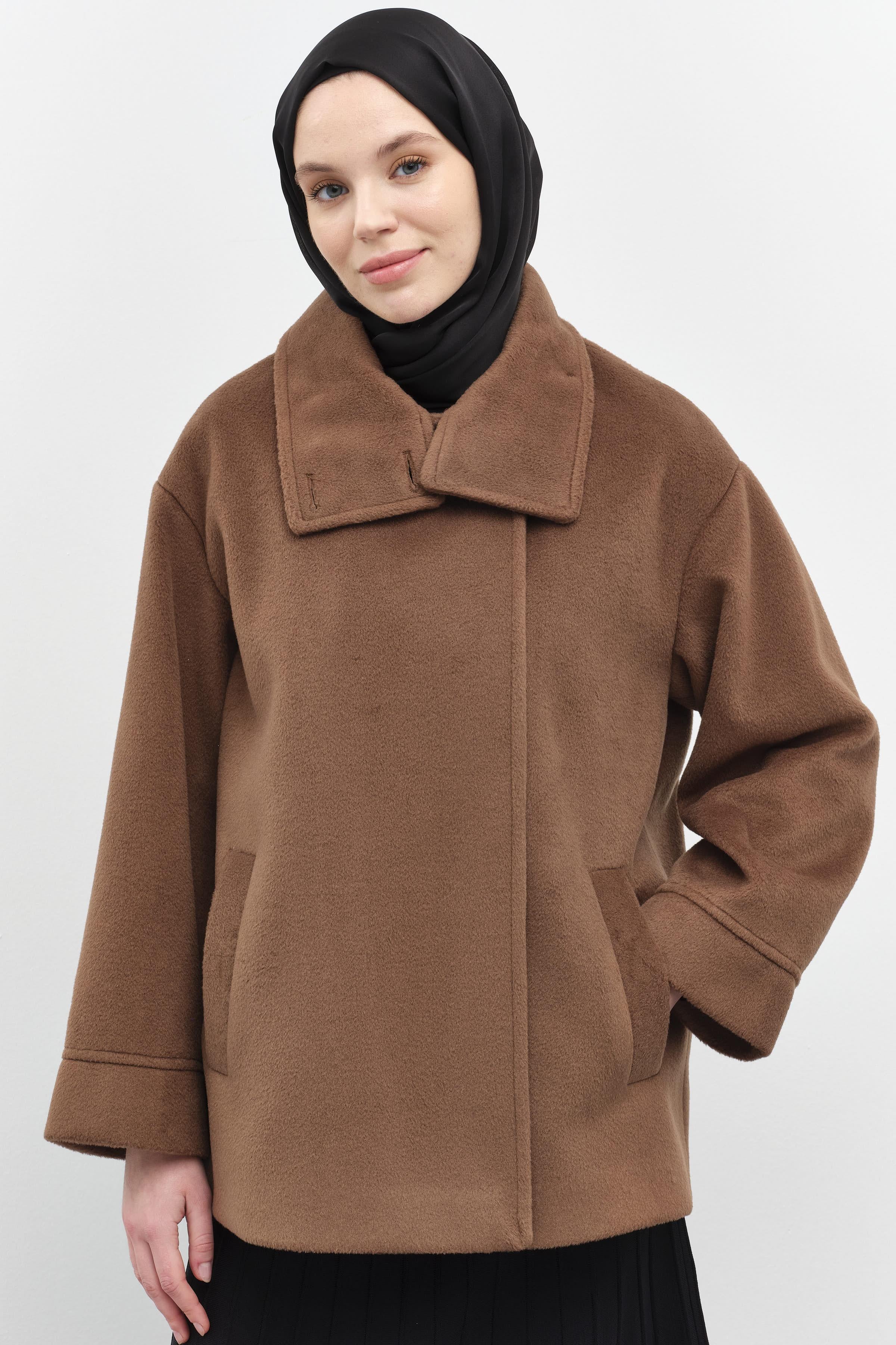 Dik Yakalı Mini Mont - Kahve TUGBA