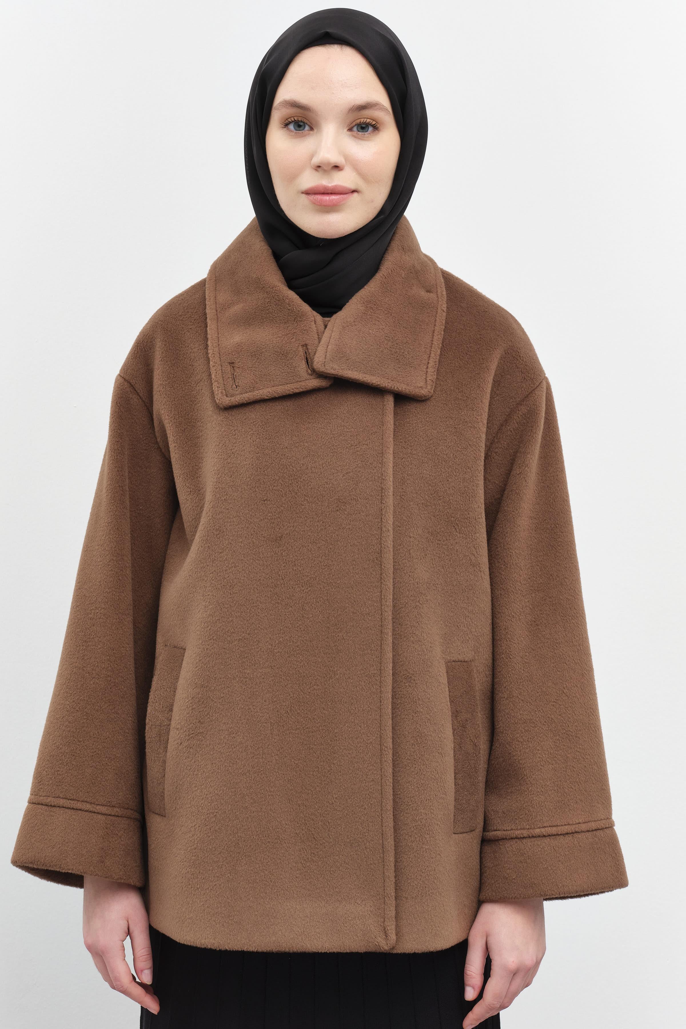 Dik Yakalı Mini Mont - Kahve TUGBA