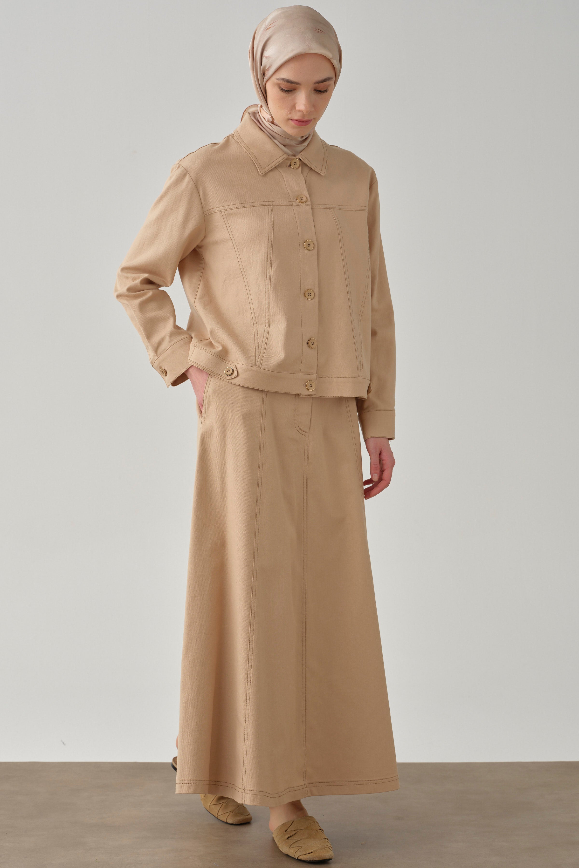 Dikiş Detaylı Etekli Ceket Takım - Bej TUGBA