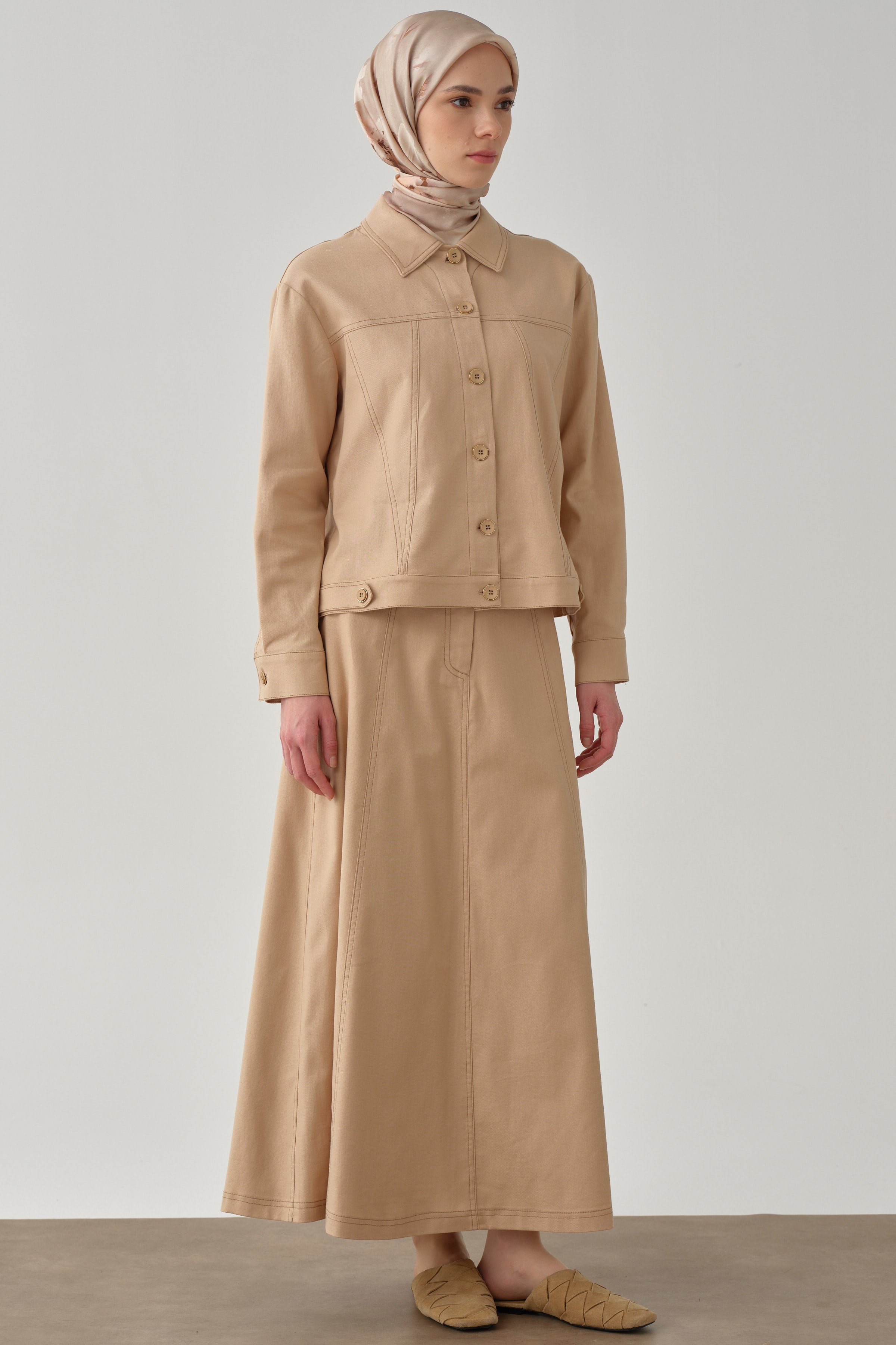 Dikiş Detaylı Etekli Ceket Takım - Bej TUGBA