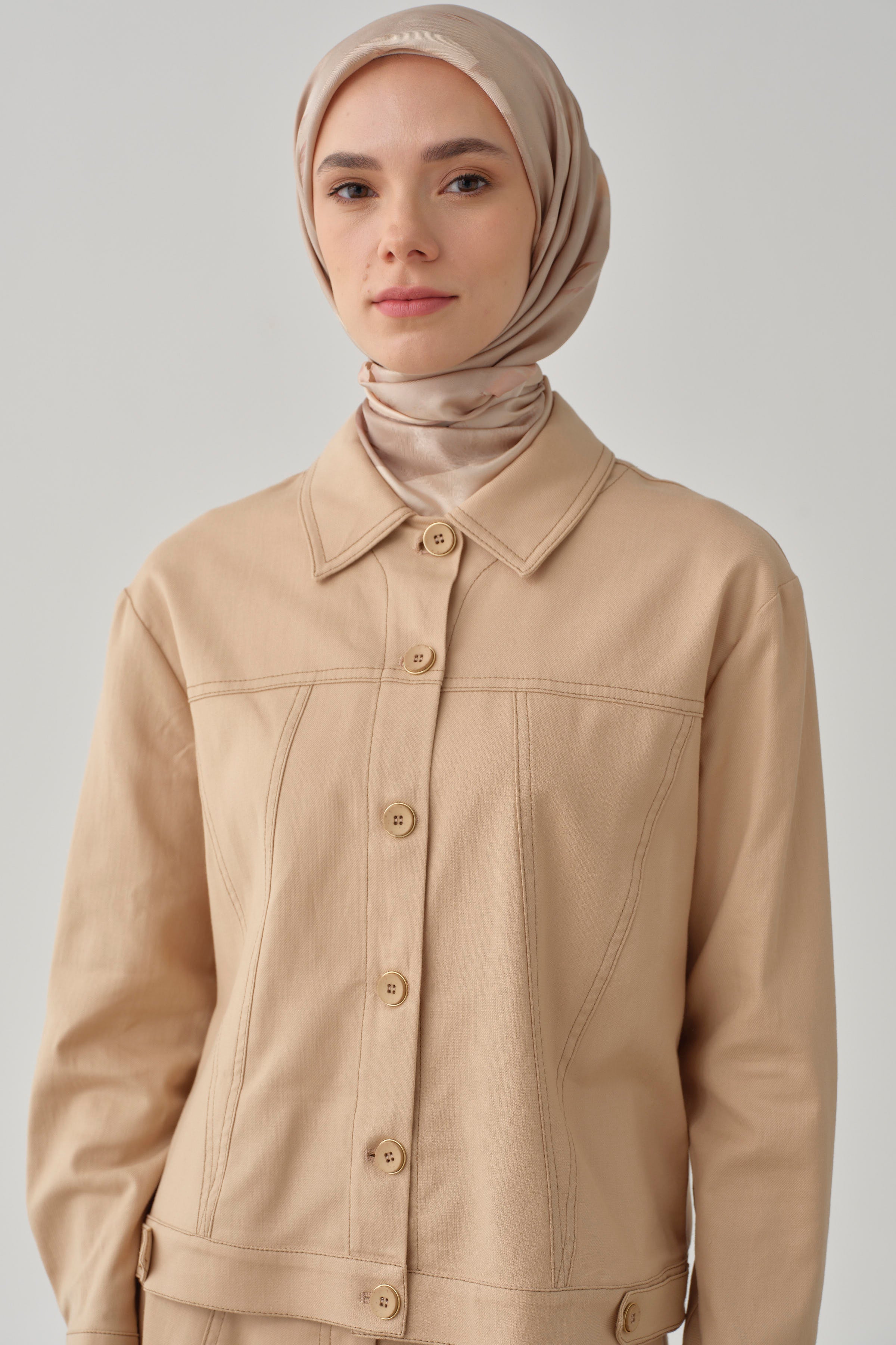 Dikiş Detaylı Etekli Ceket Takım - Bej TUGBA