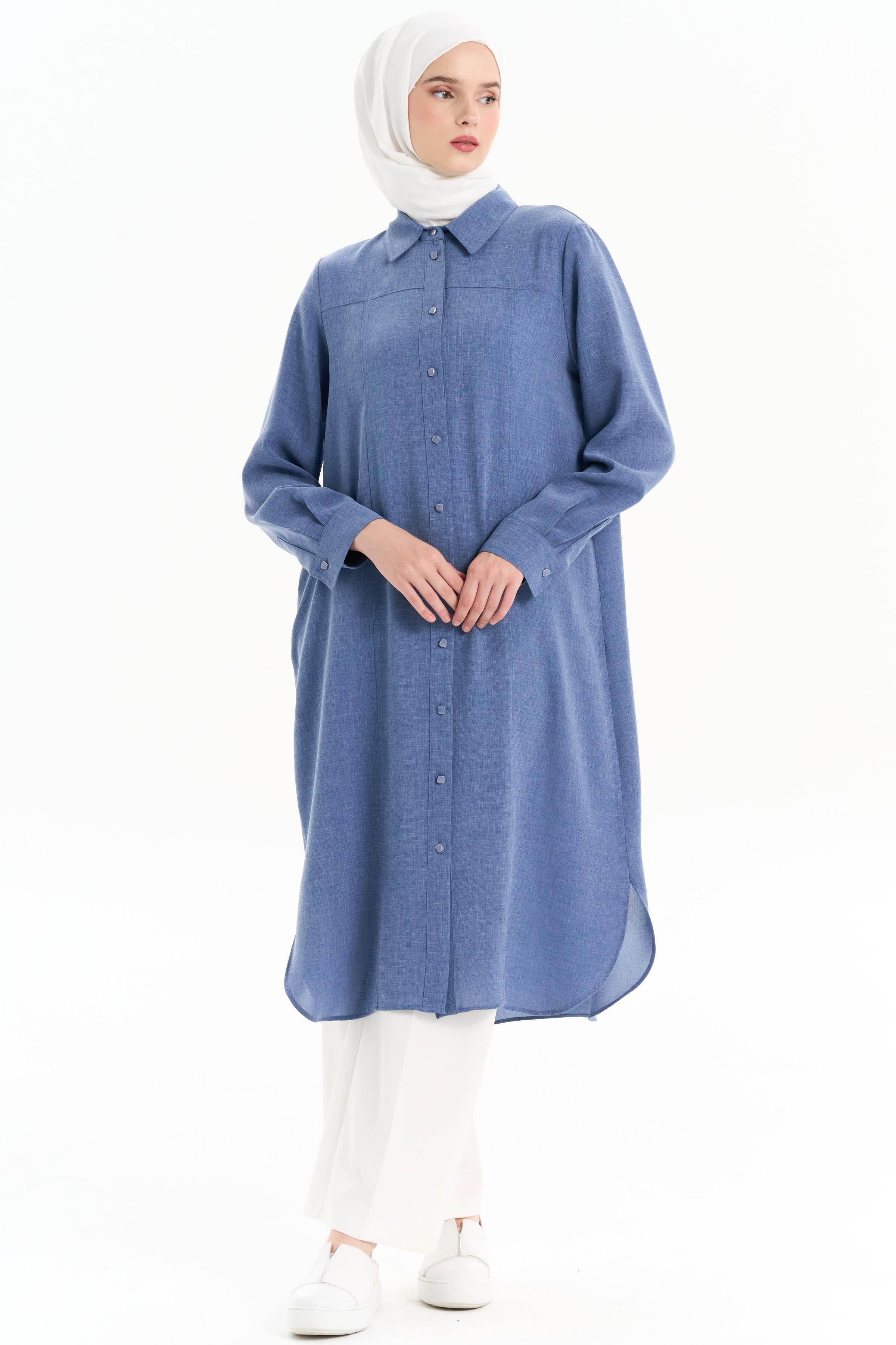 Dikiş Detaylı Yırtmaçlı Tunik - İndigo TUGBA