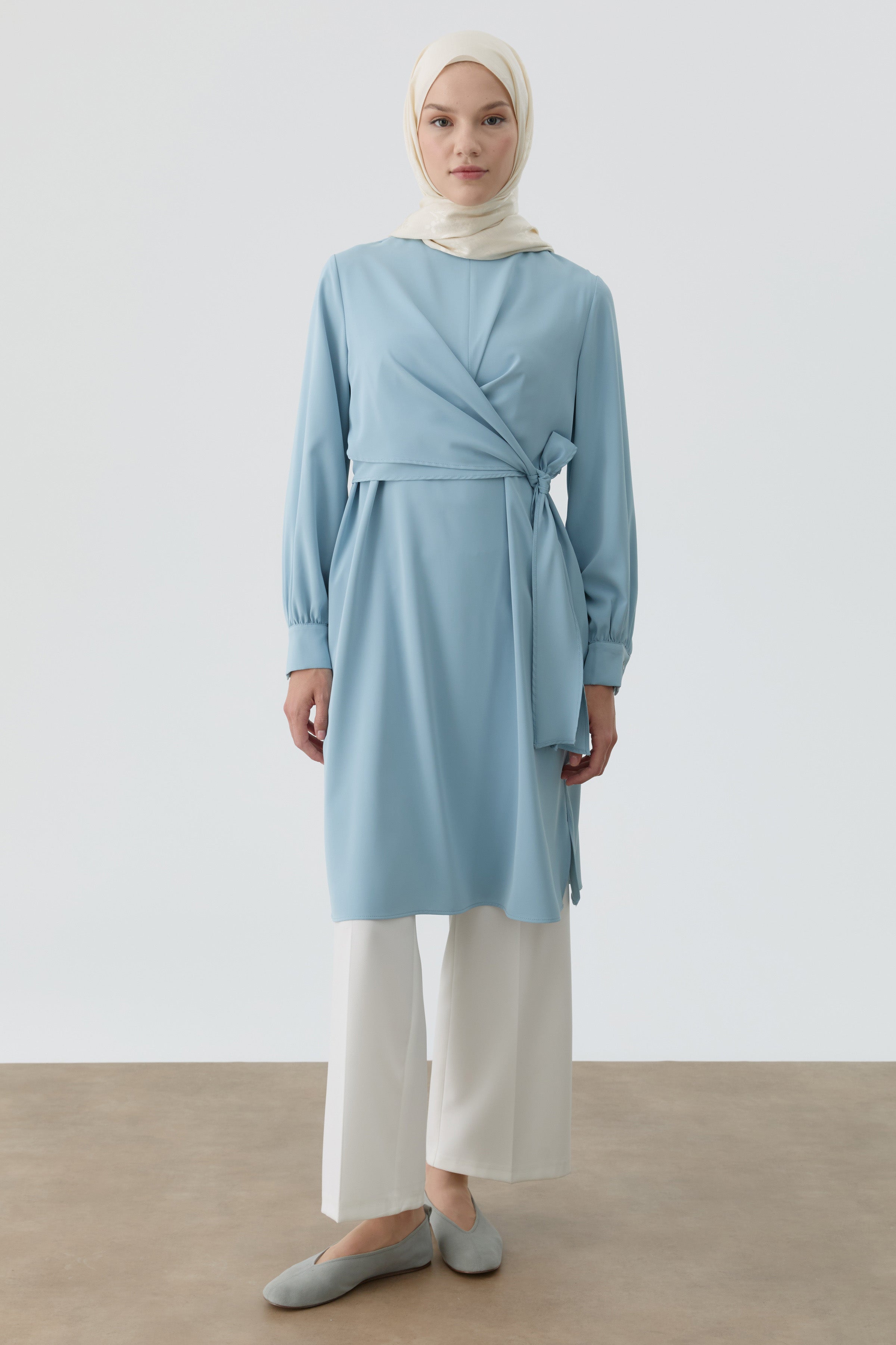 Drapeli Belden Bağlamalı Tunik - Açık Mavi TUGBA