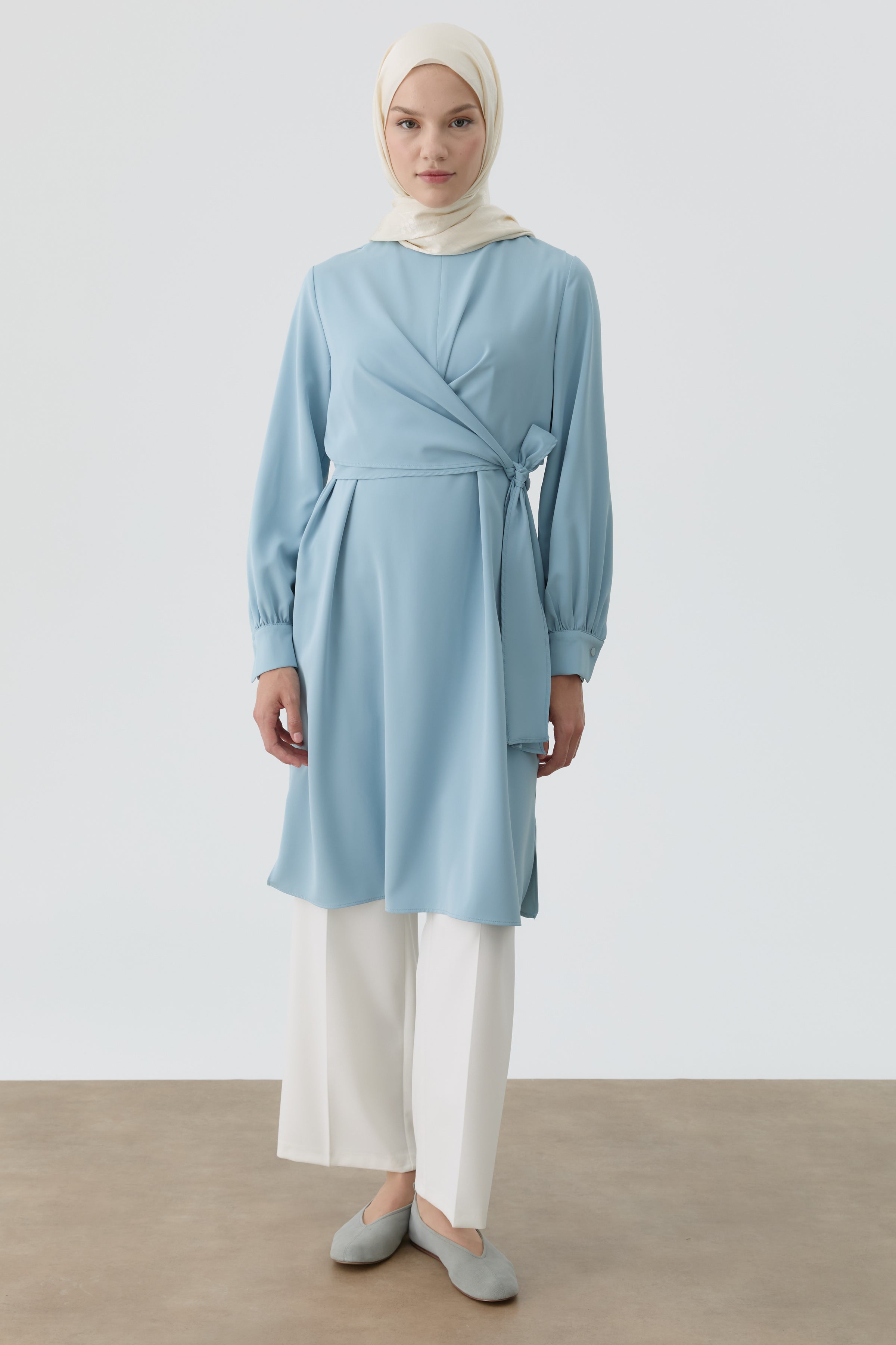 Drapeli Belden Bağlamalı Tunik - Açık Mavi TUGBA