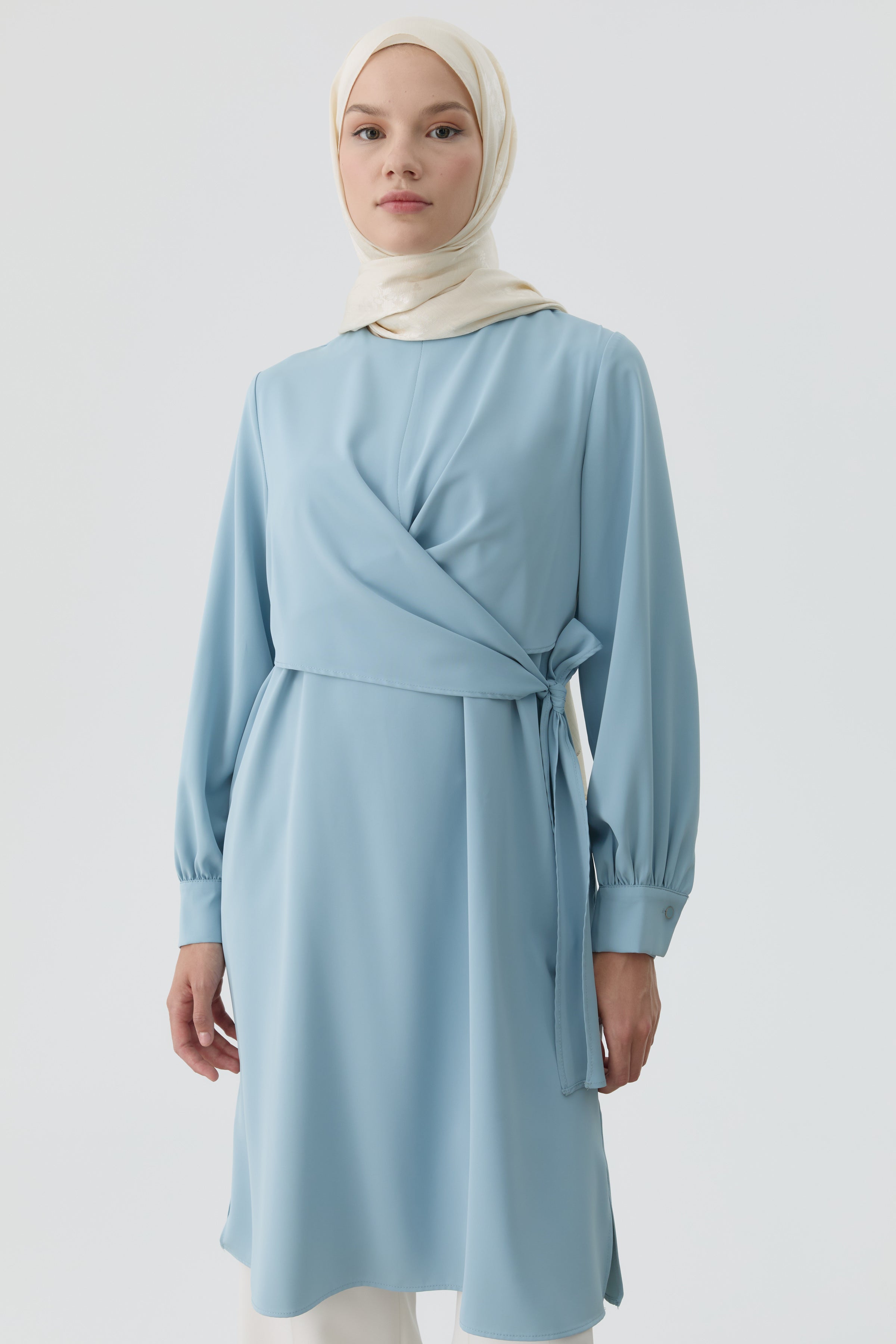 Drapeli Belden Bağlamalı Tunik - Açık Mavi TUGBA