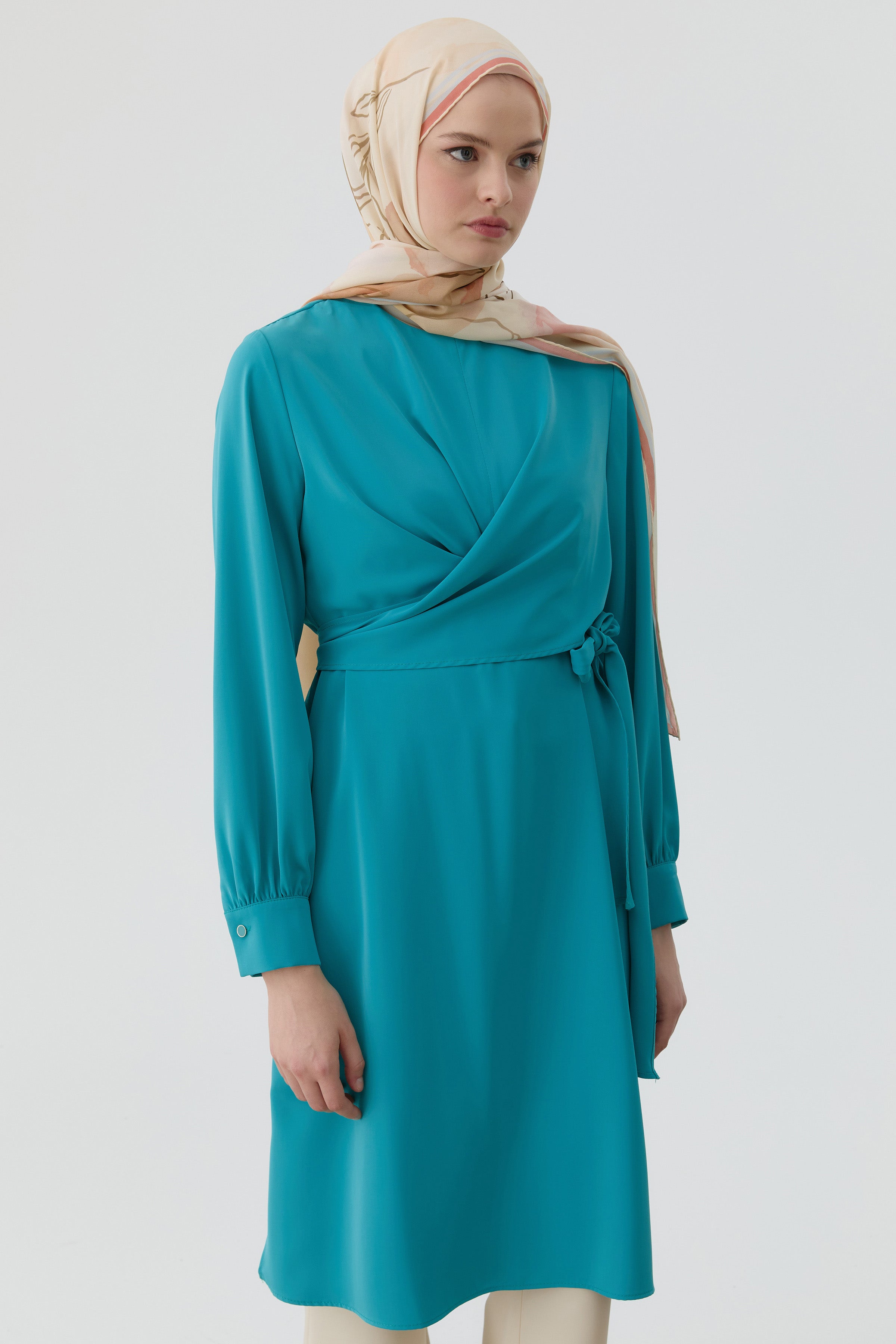 Drapeli Belden Bağlamalı Tunik - Aqua TUGBA