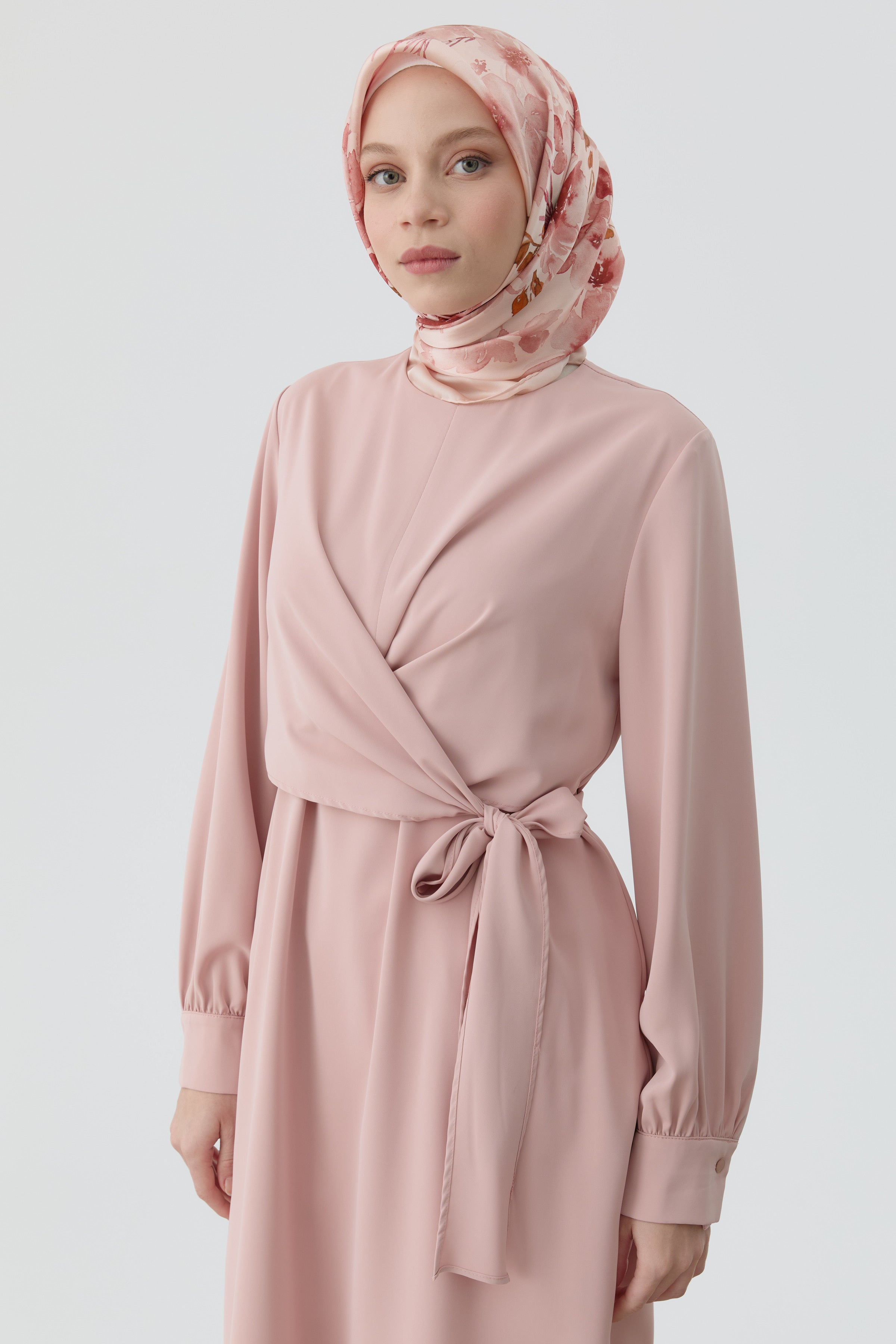 Drapeli Belden Bağlamalı Tunik - Pudra TUGBA