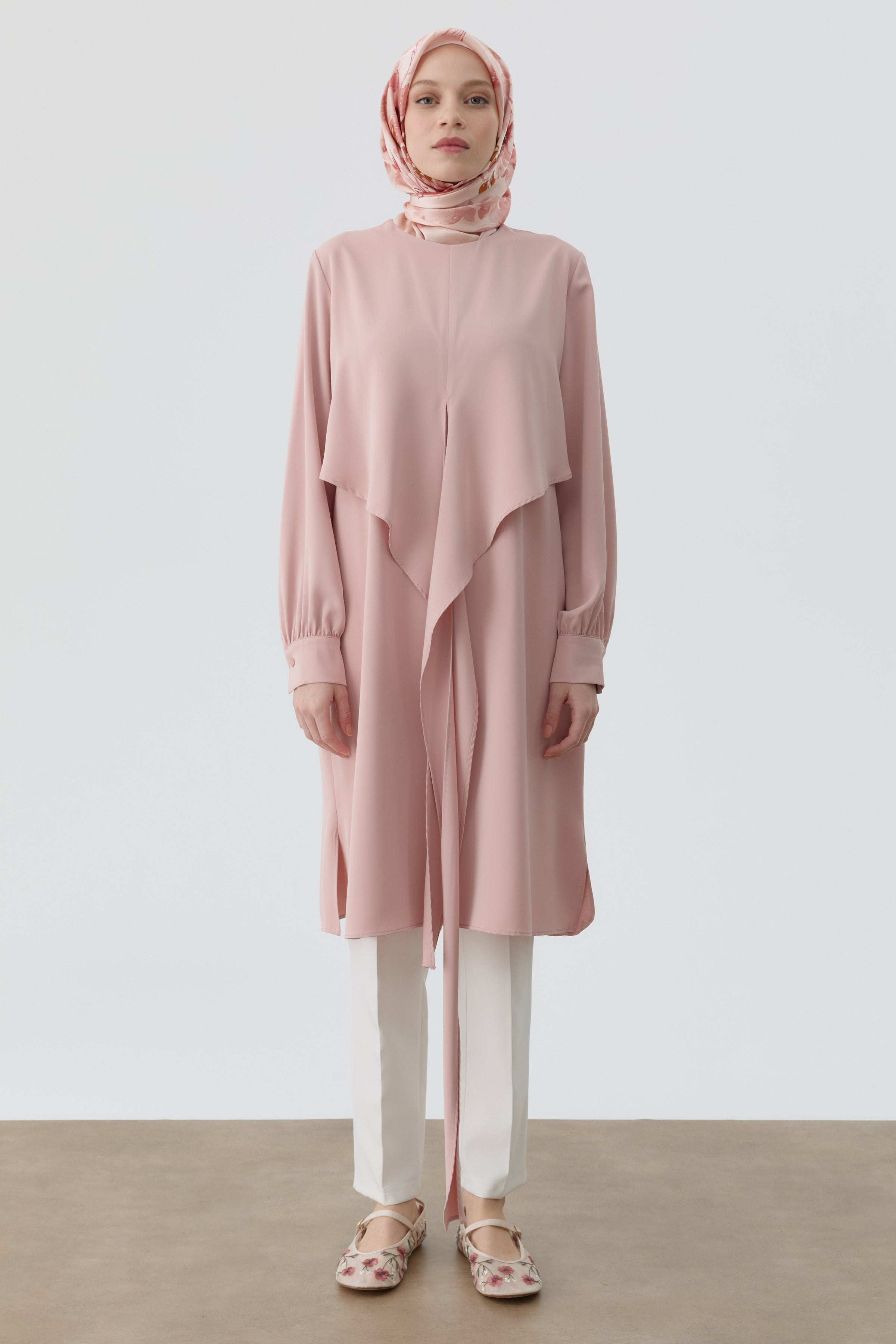 Drapeli Belden Bağlamalı Tunik - Pudra TUGBA