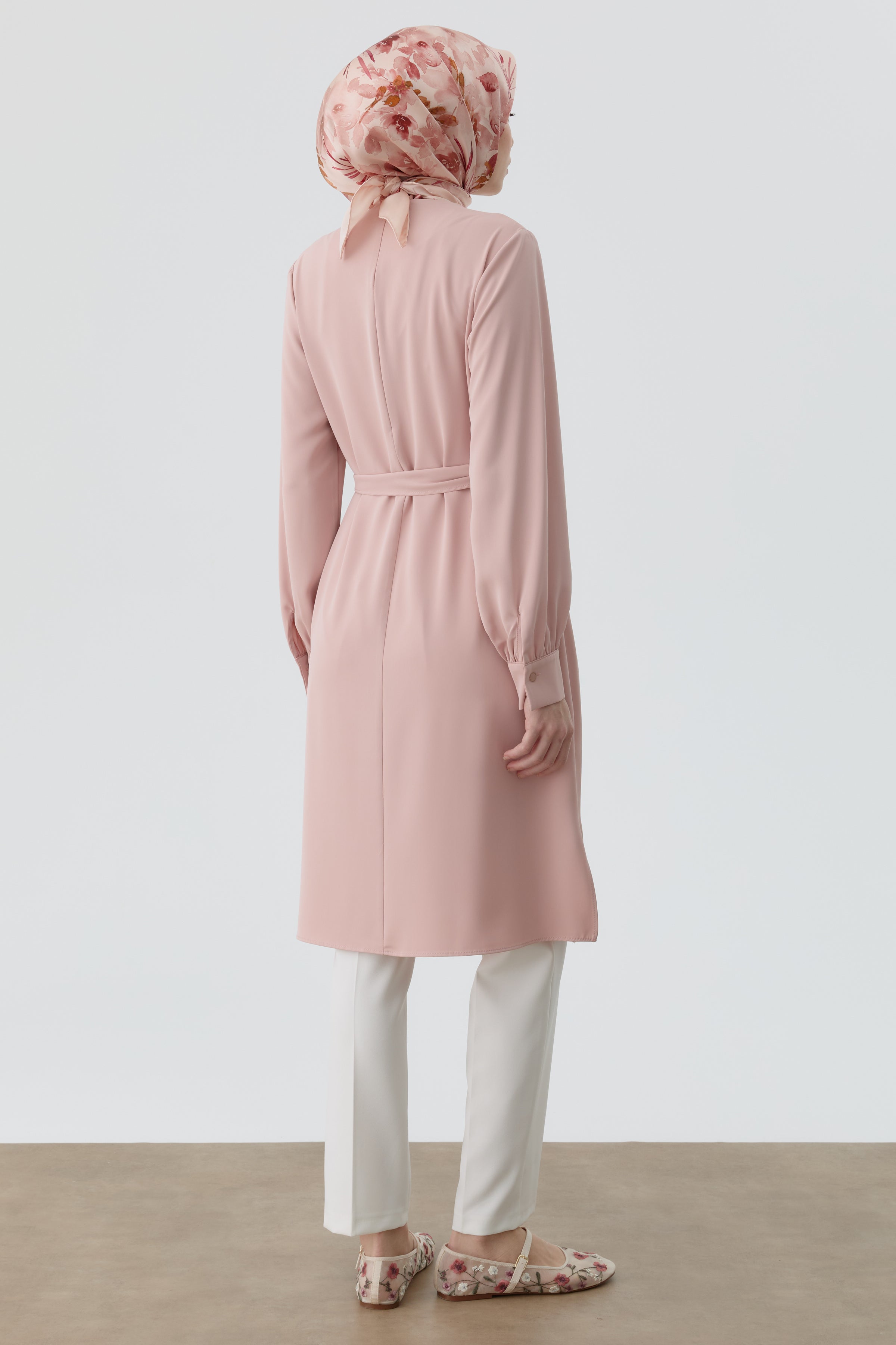 Drapeli Belden Bağlamalı Tunik - Pudra TUGBA