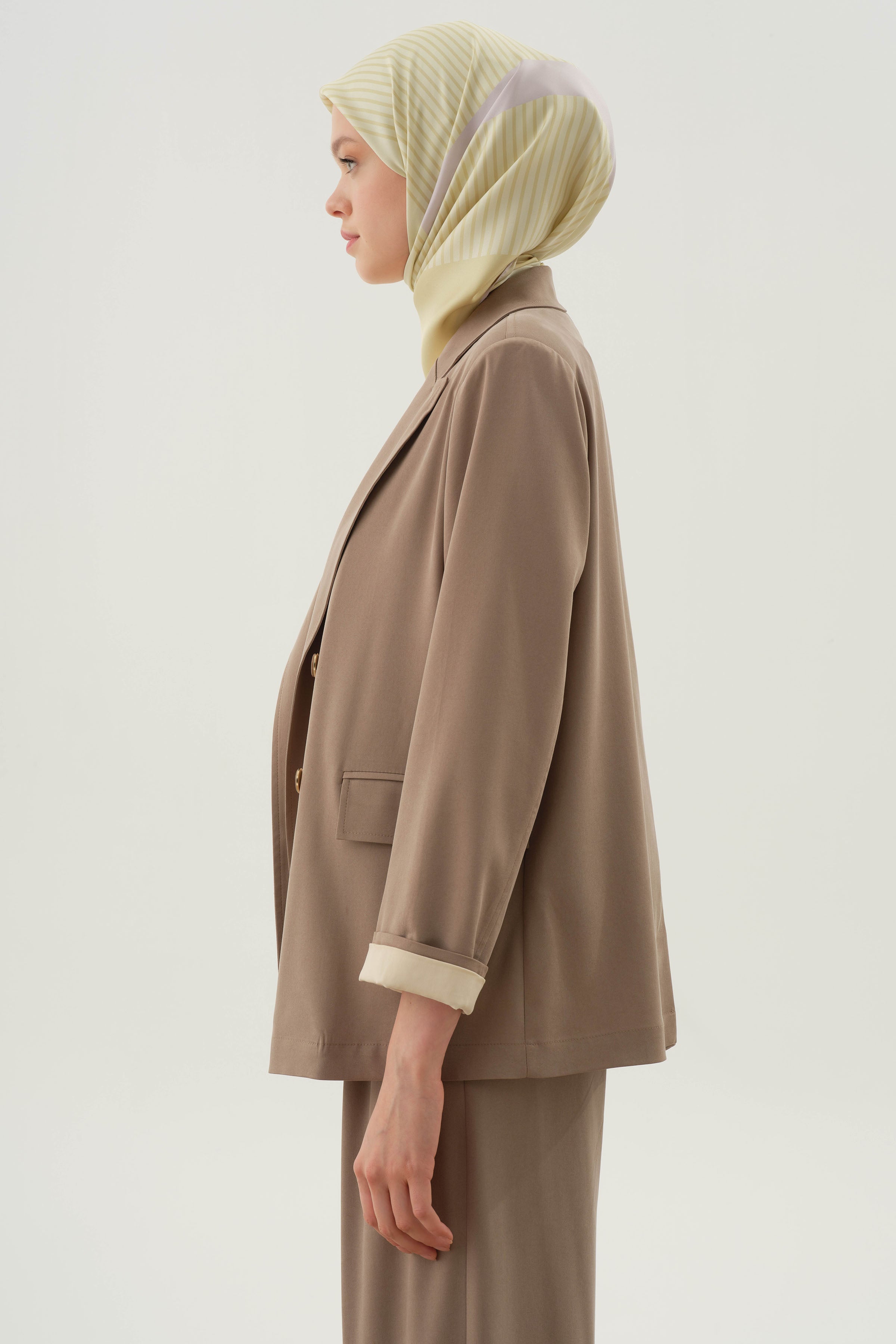 Duble Kollu Kombinli Bluz Ceket Takım - Vizon TUGBA