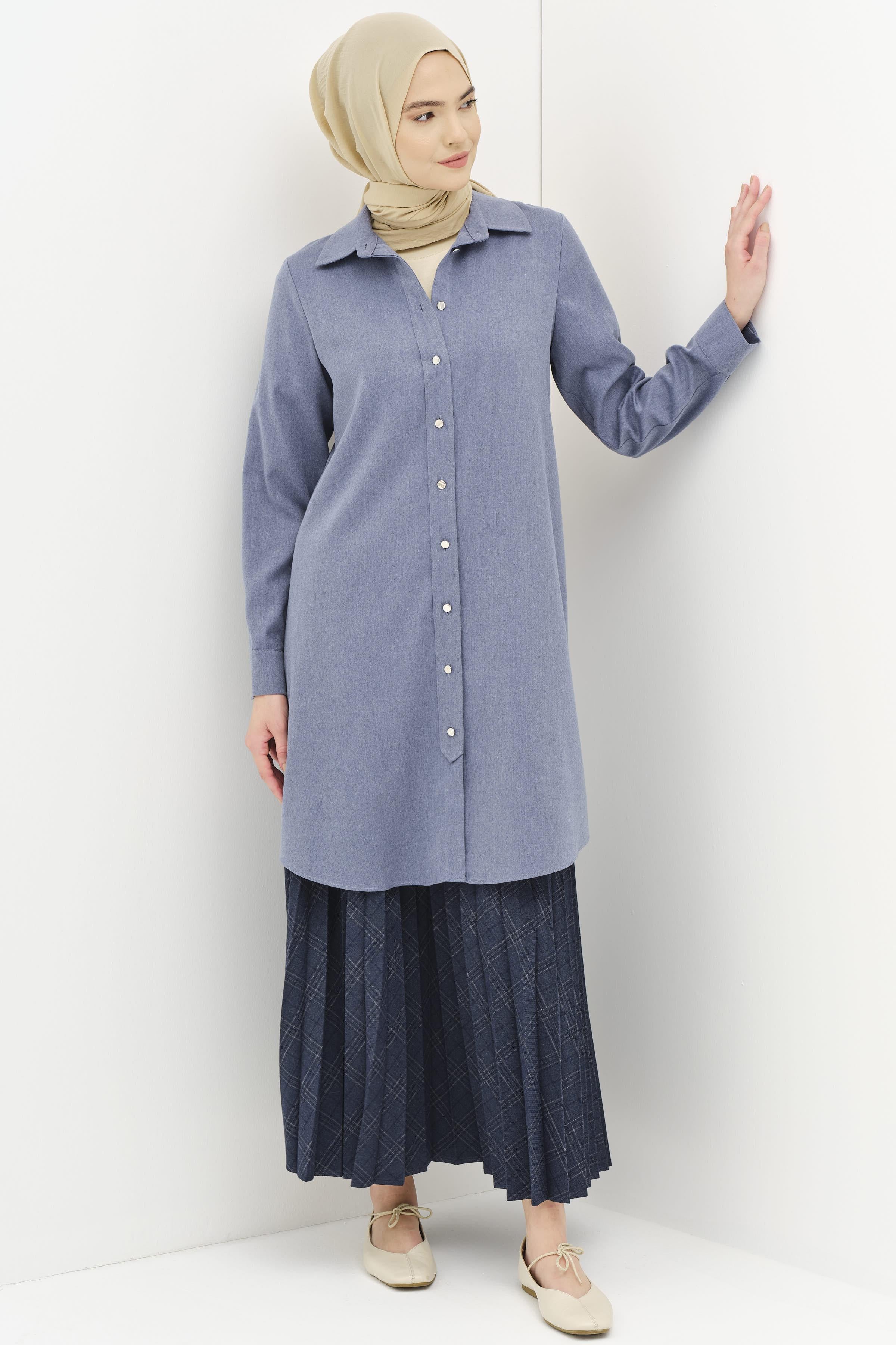 Düğmeli Pat Detaylı Tunik - İndigo TUGBA