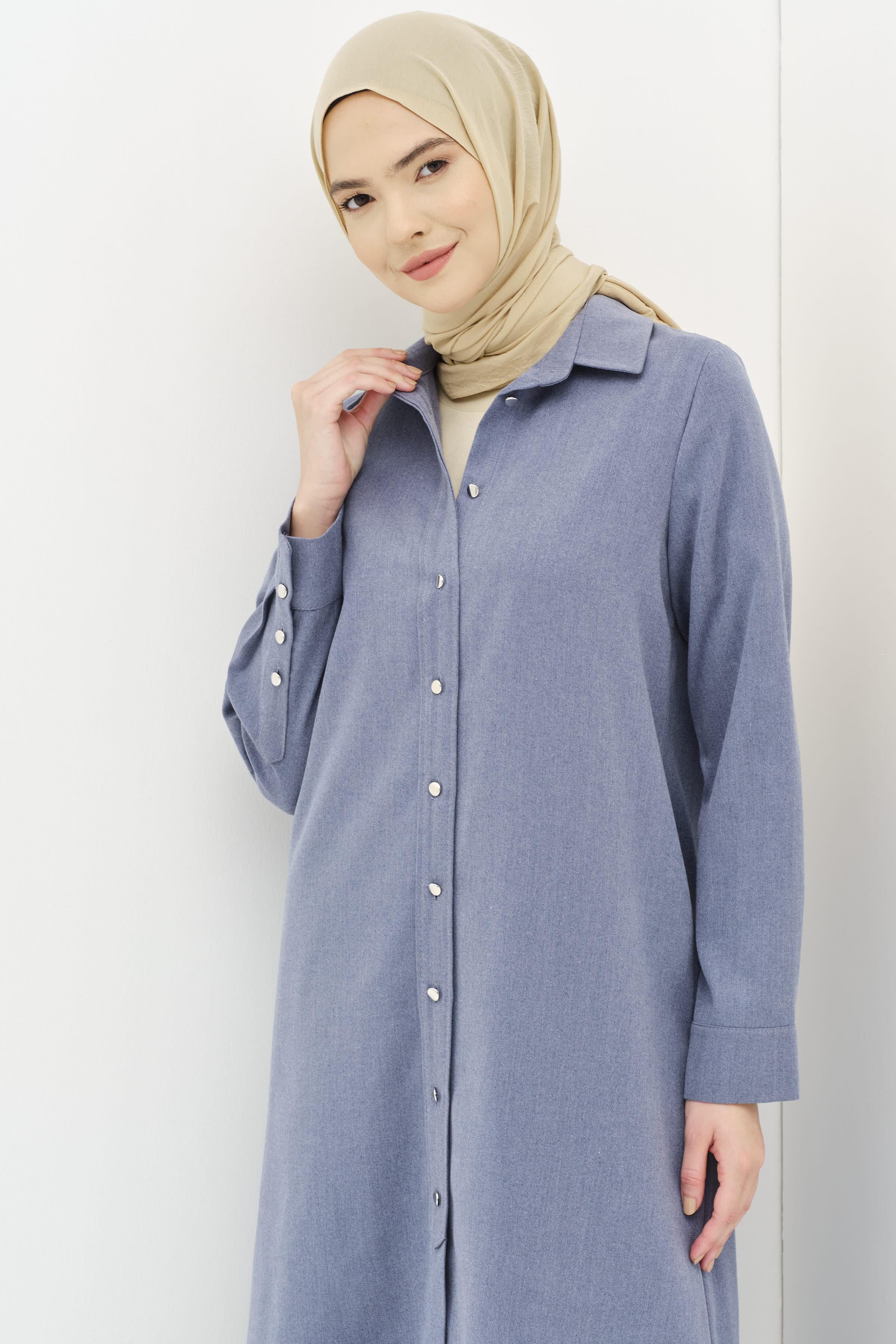 Düğmeli Pat Detaylı Tunik - İndigo TUGBA