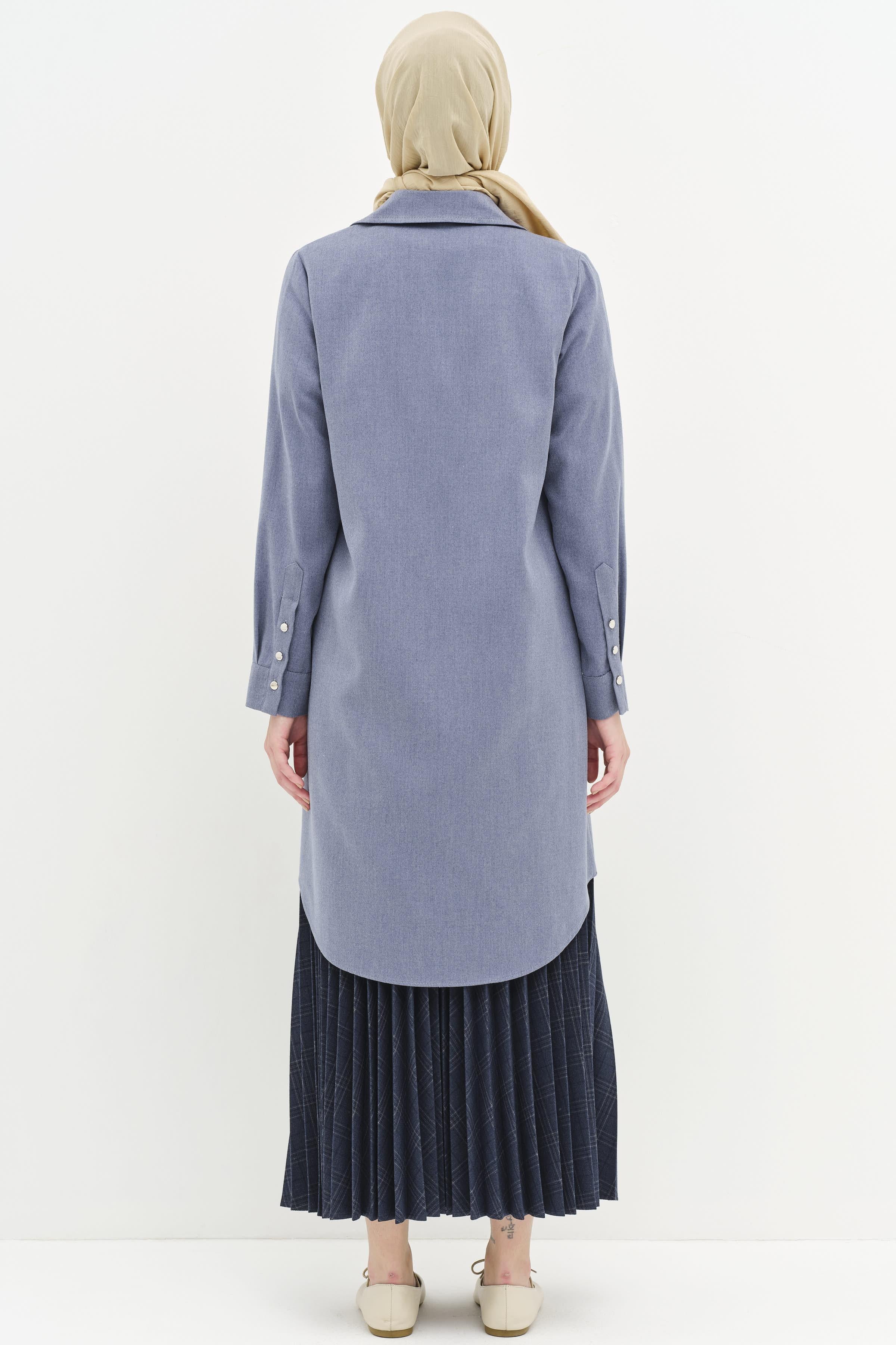 Düğmeli Pat Detaylı Tunik - İndigo TUGBA