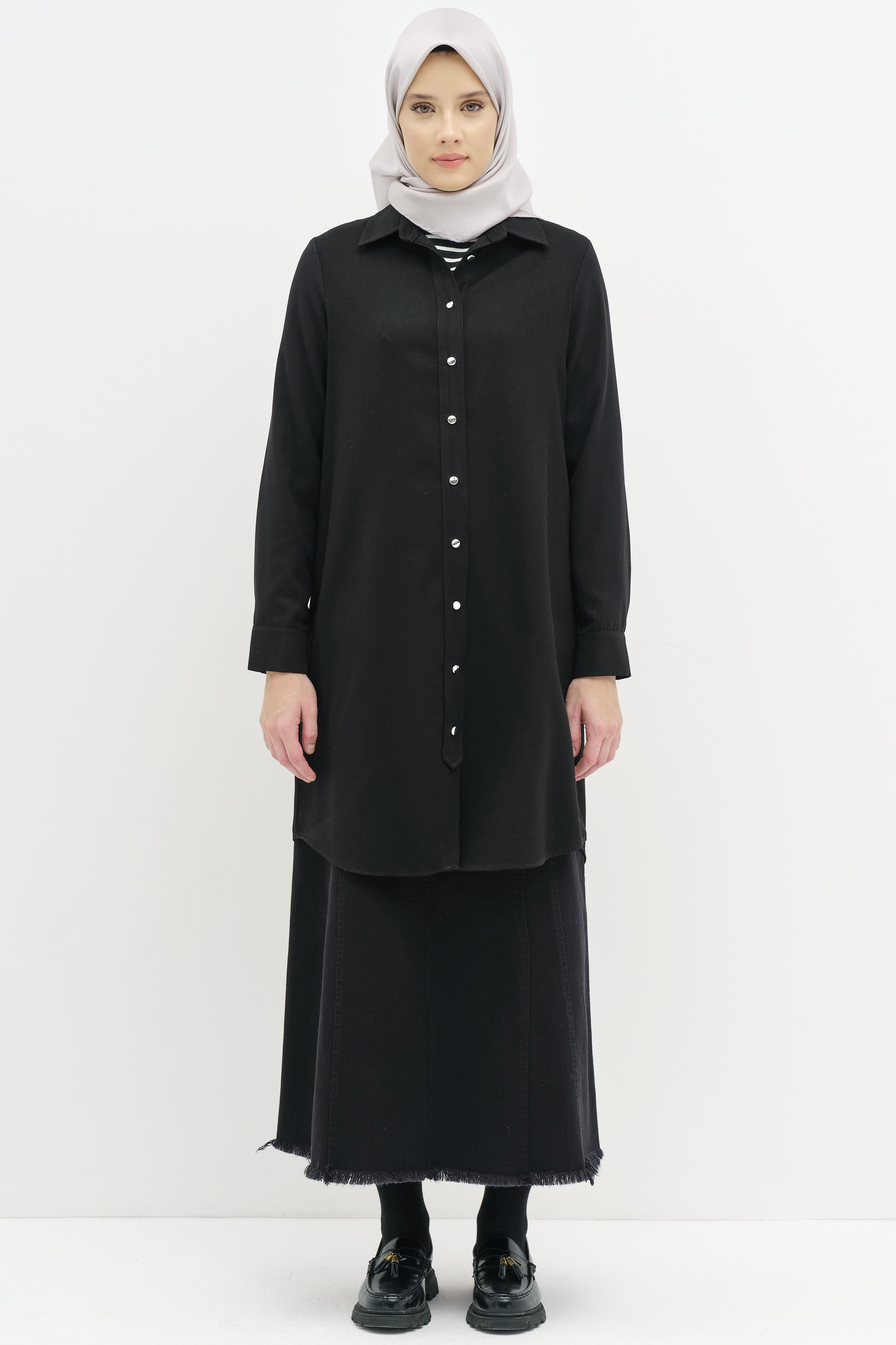 Düğmeli Pat Detaylı Tunik - Siyah TUGBA