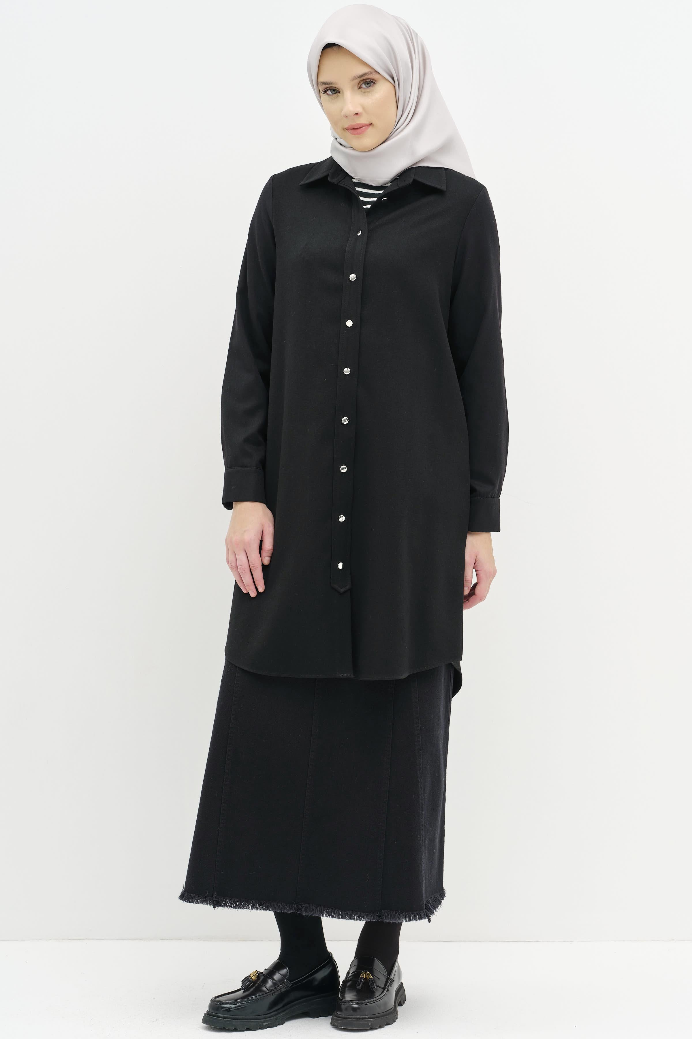 Düğmeli Pat Detaylı Tunik - Siyah TUGBA