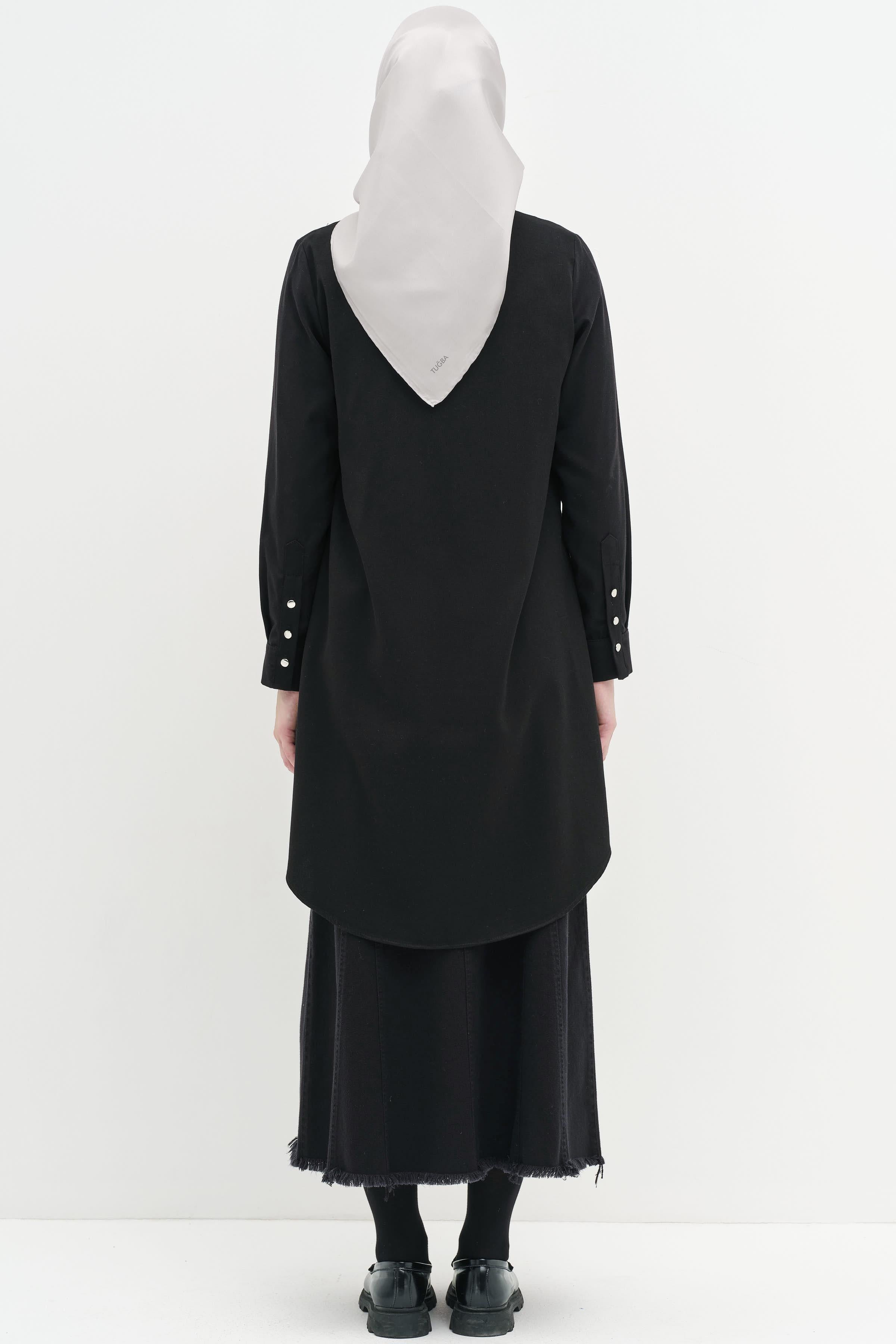 Düğmeli Pat Detaylı Tunik - Siyah TUGBA
