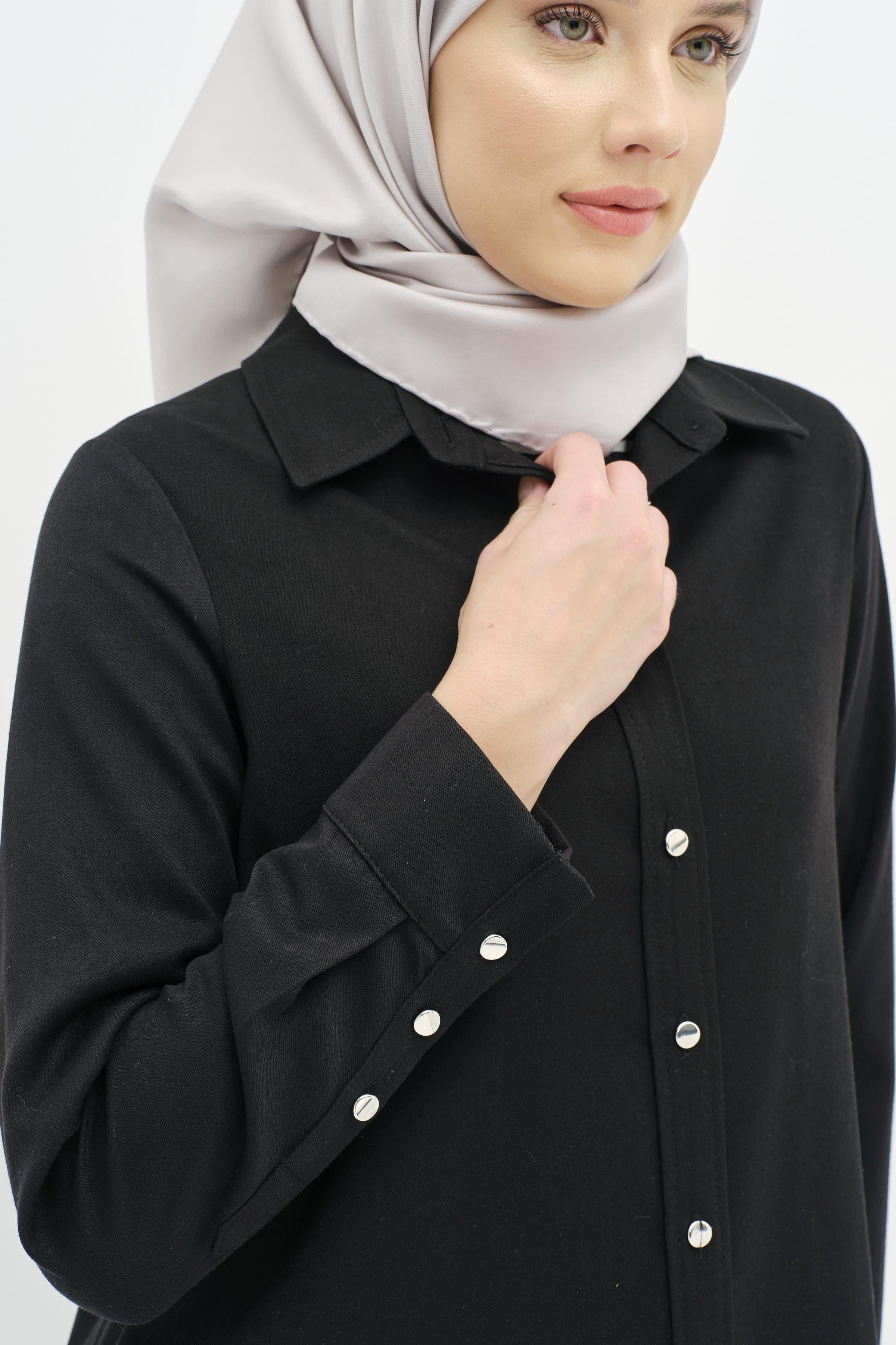 Düğmeli Pat Detaylı Tunik - Siyah TUGBA