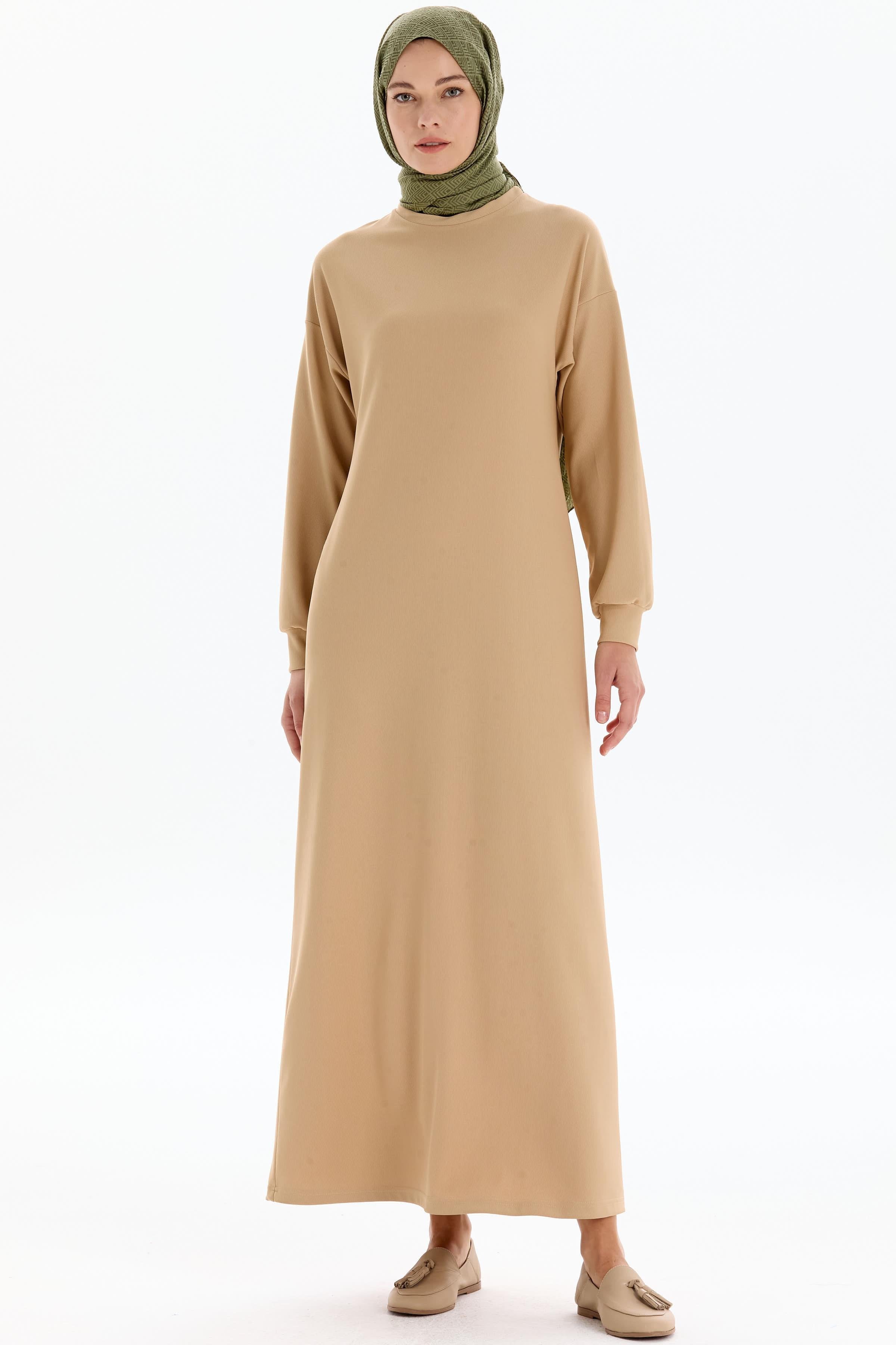 Düşük Kol Örme Elbise - Camel TUGBA