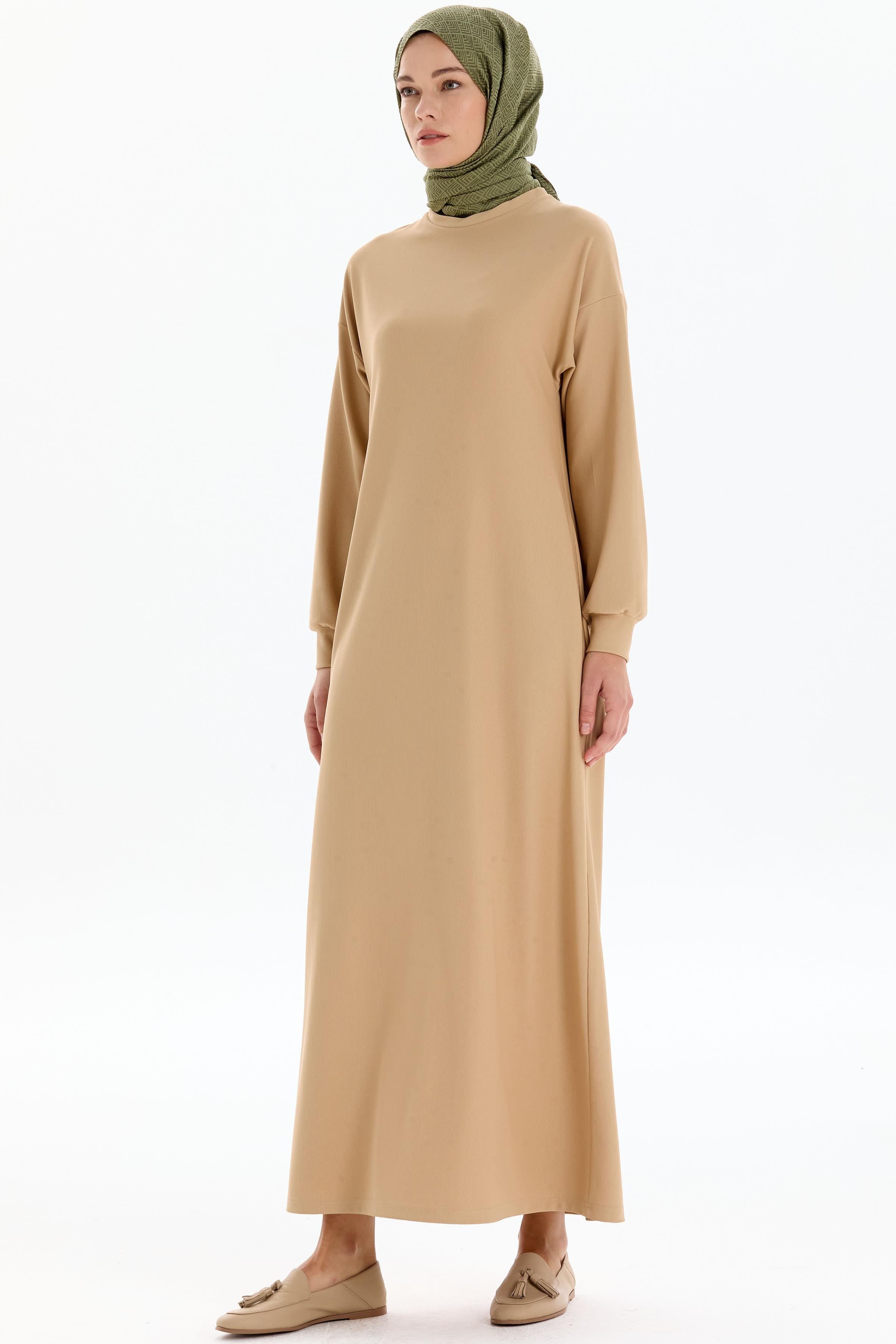 Düşük Kol Örme Elbise - Camel TUGBA