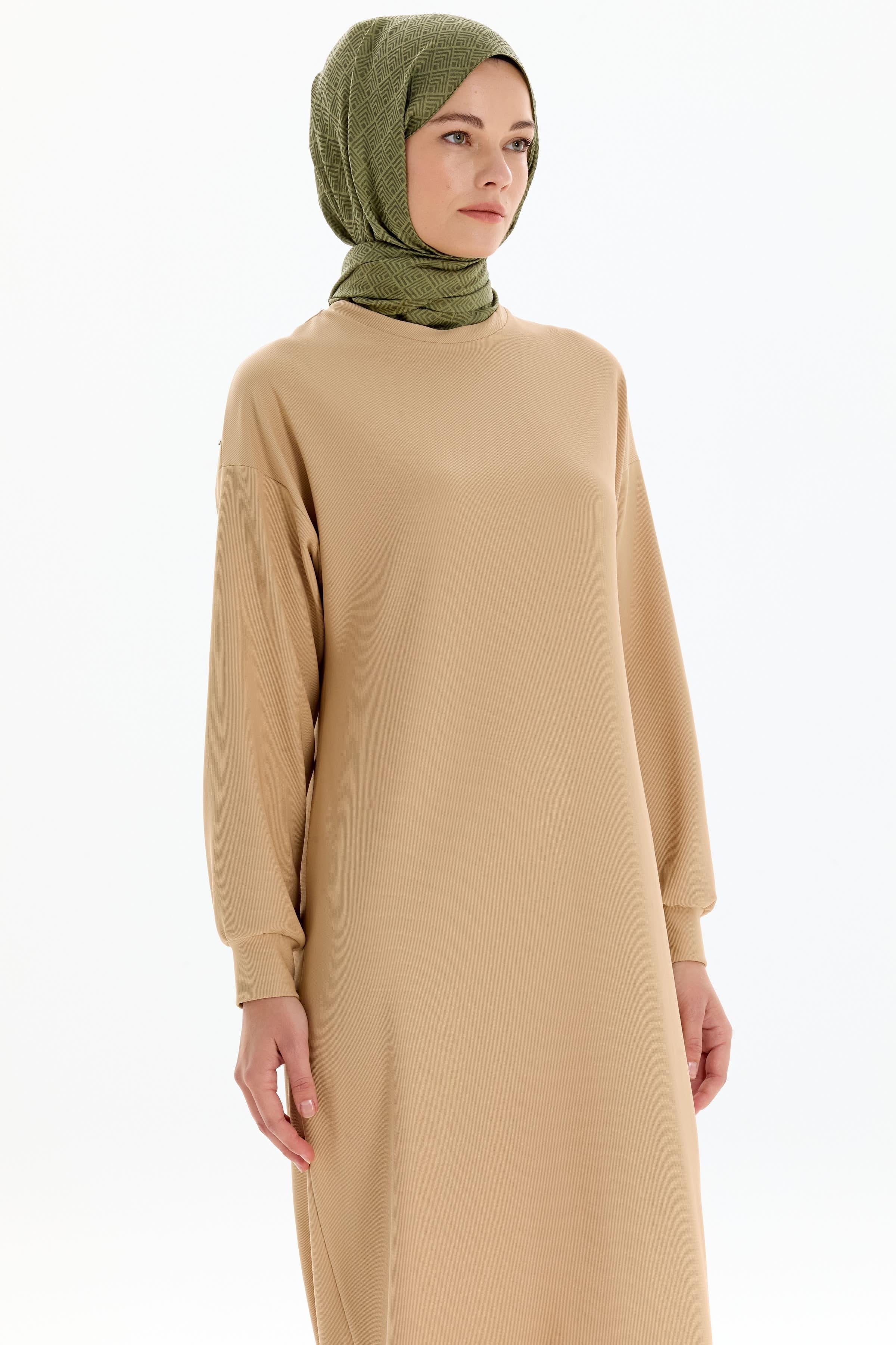 Düşük Kol Örme Elbise - Camel TUGBA