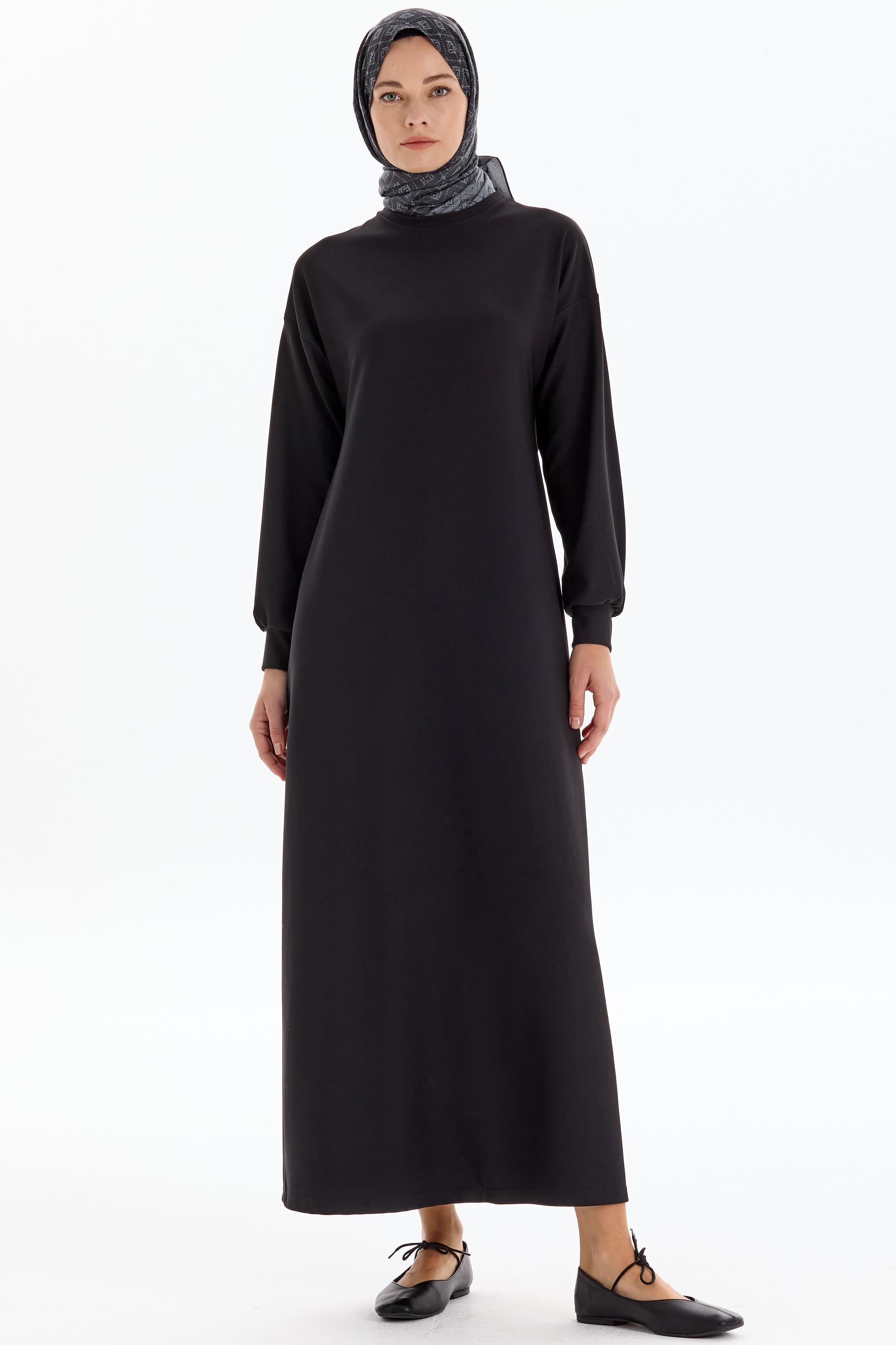 Düşük Kol Örme Elbise - Siyah TUGBA