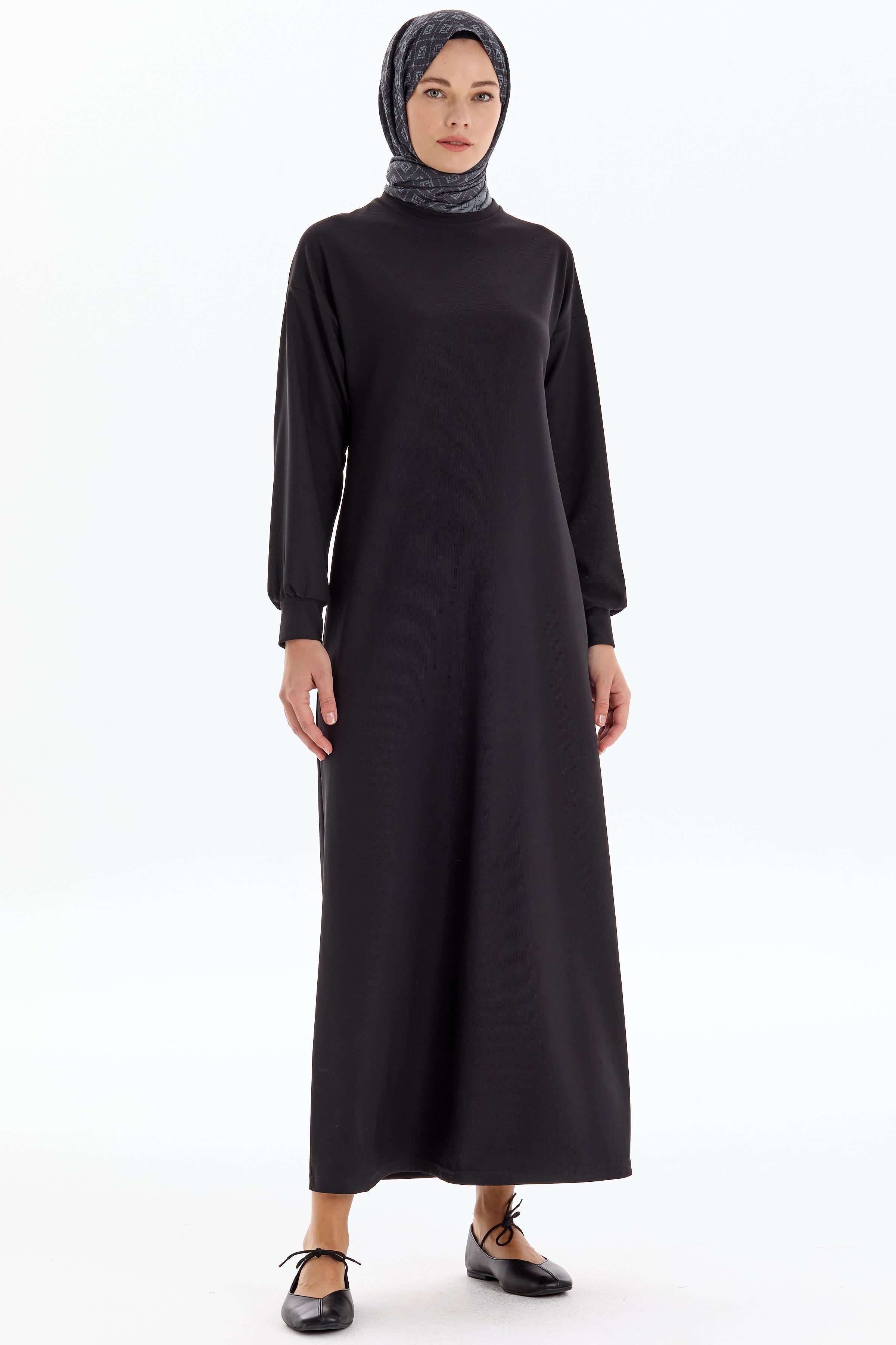 Düşük Kol Örme Elbise - Siyah TUGBA