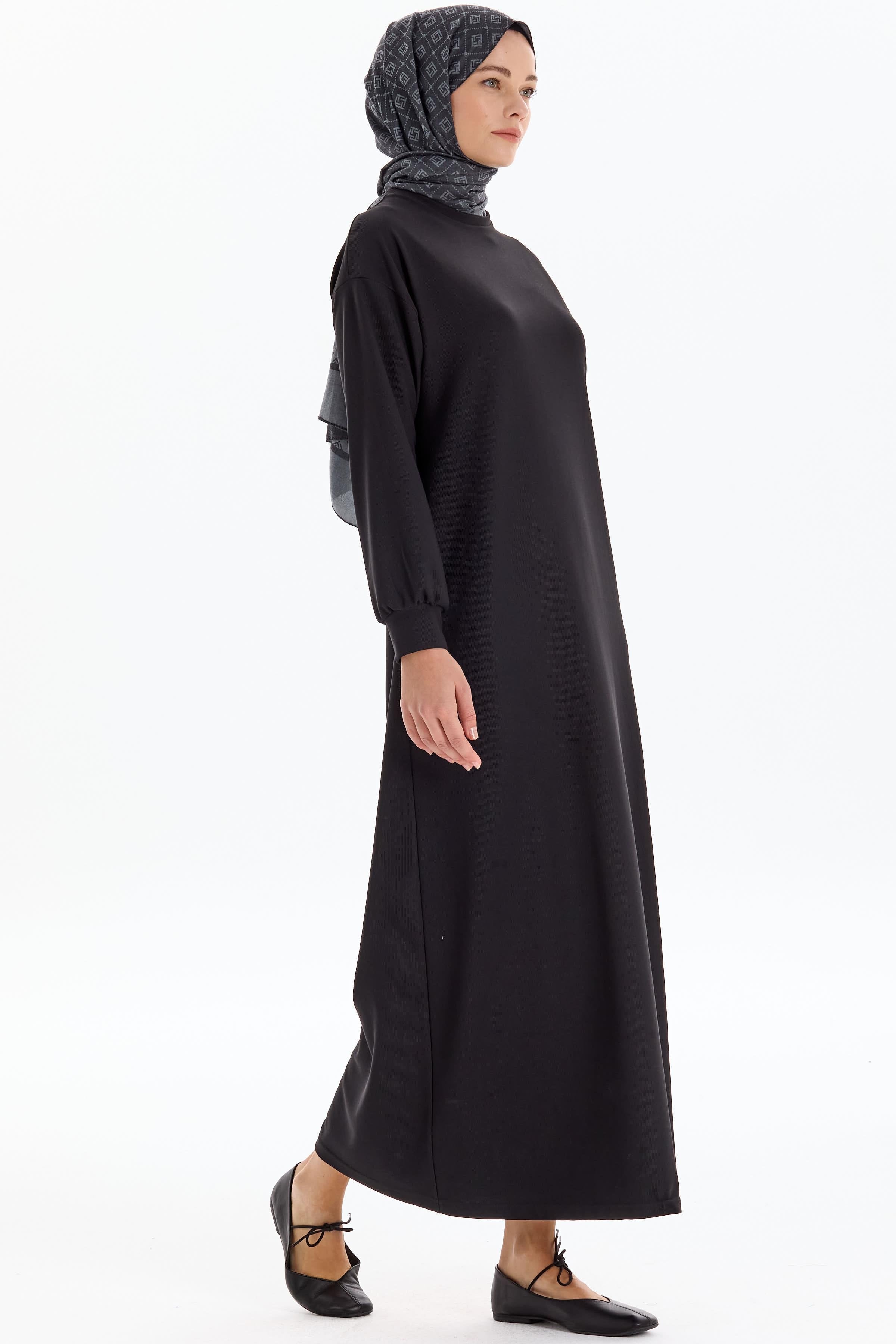 Düşük Kol Örme Elbise - Siyah TUGBA