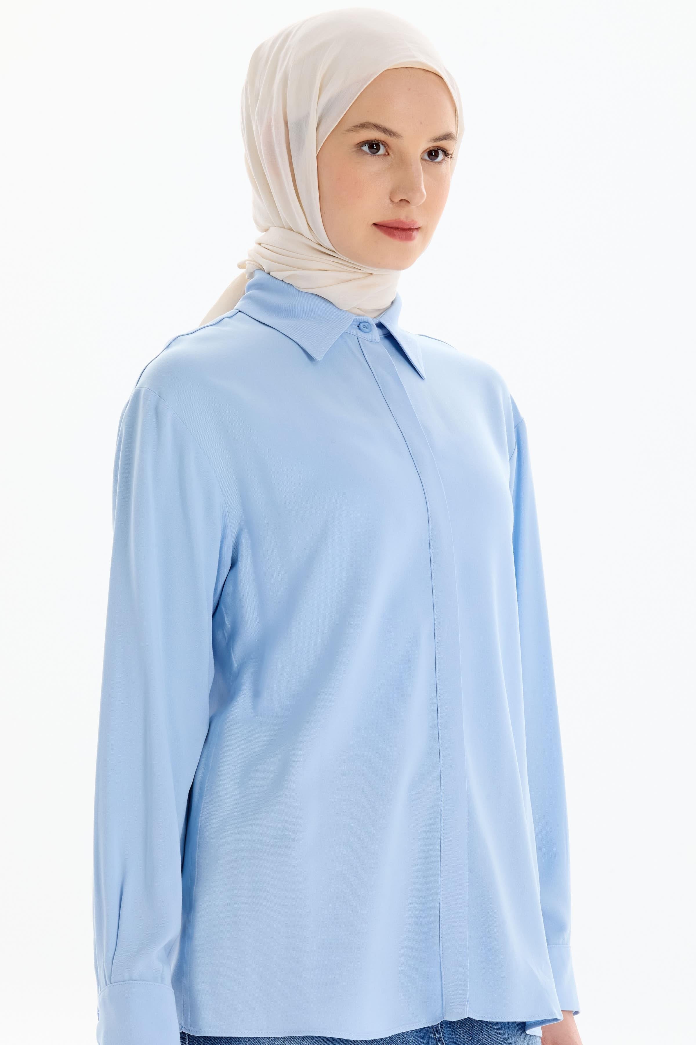 Düşük Kol Viskon Gömlek - Açık Mavi TUGBA