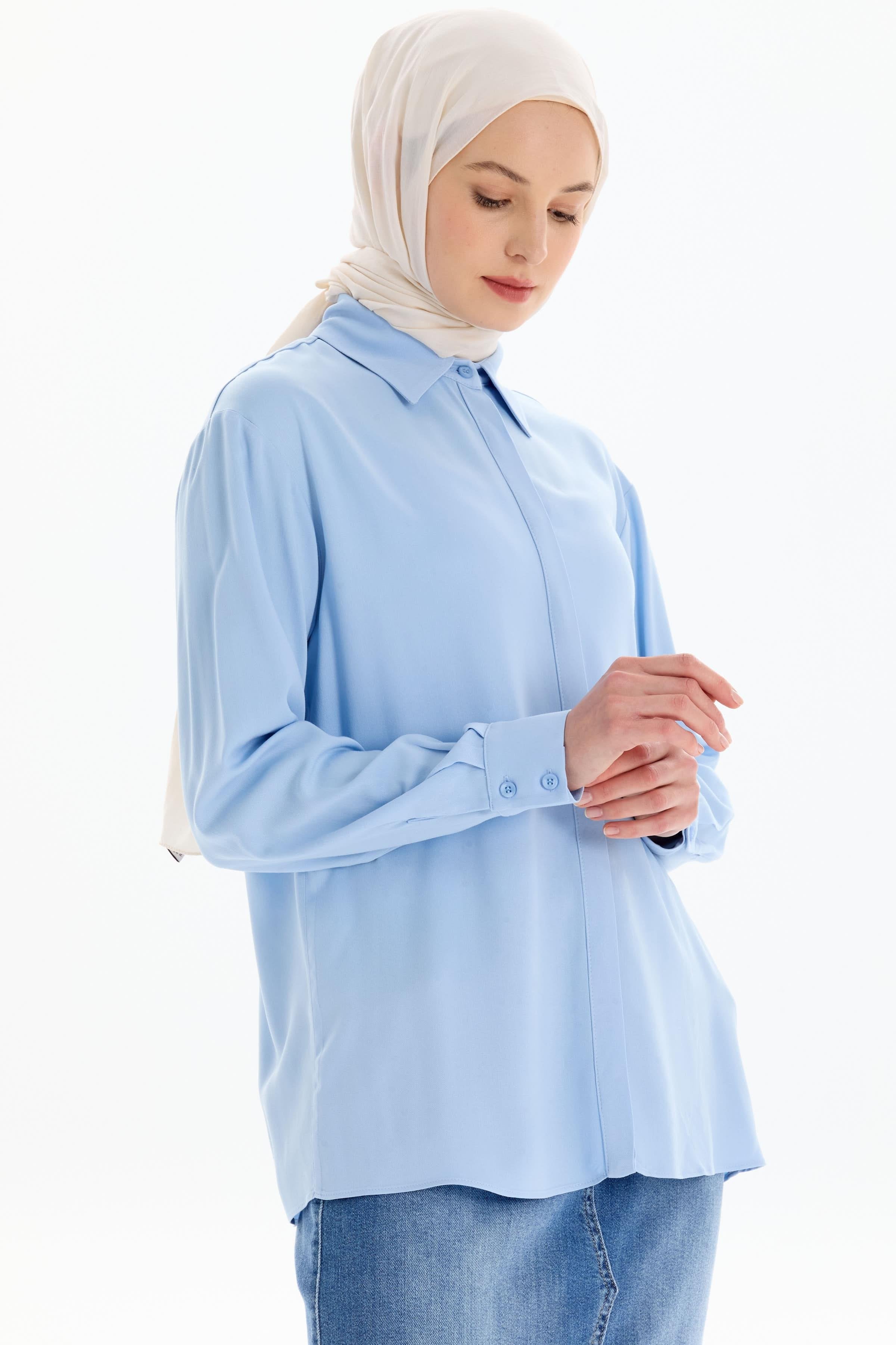 Düşük Kol Viskon Gömlek - Açık Mavi TUGBA