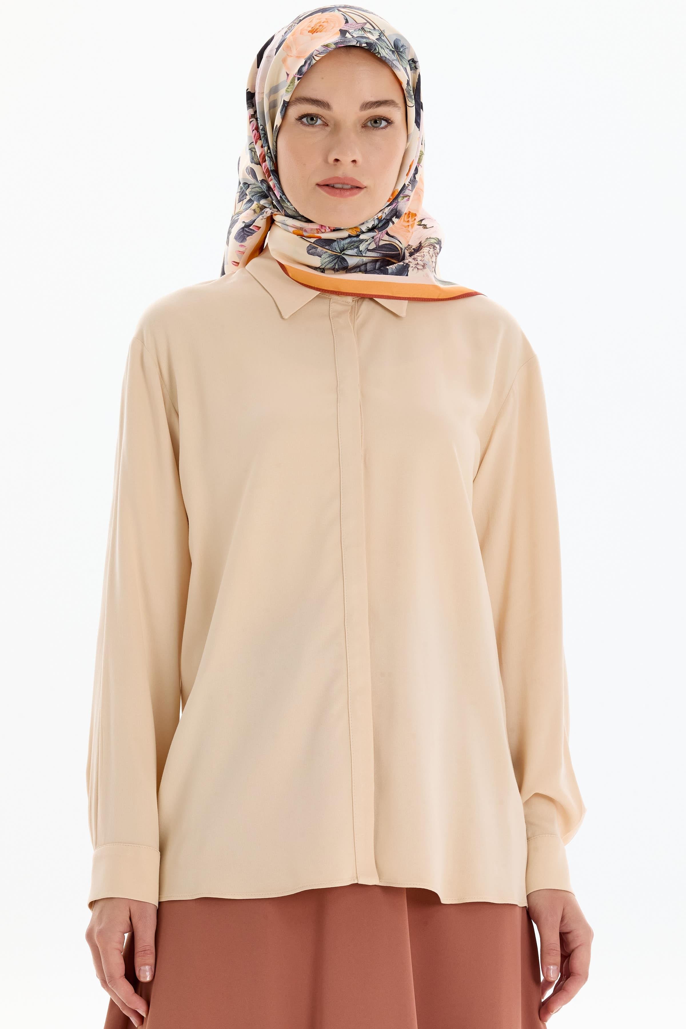 Düşük Kol Viskon Gömlek - Bej TUGBA