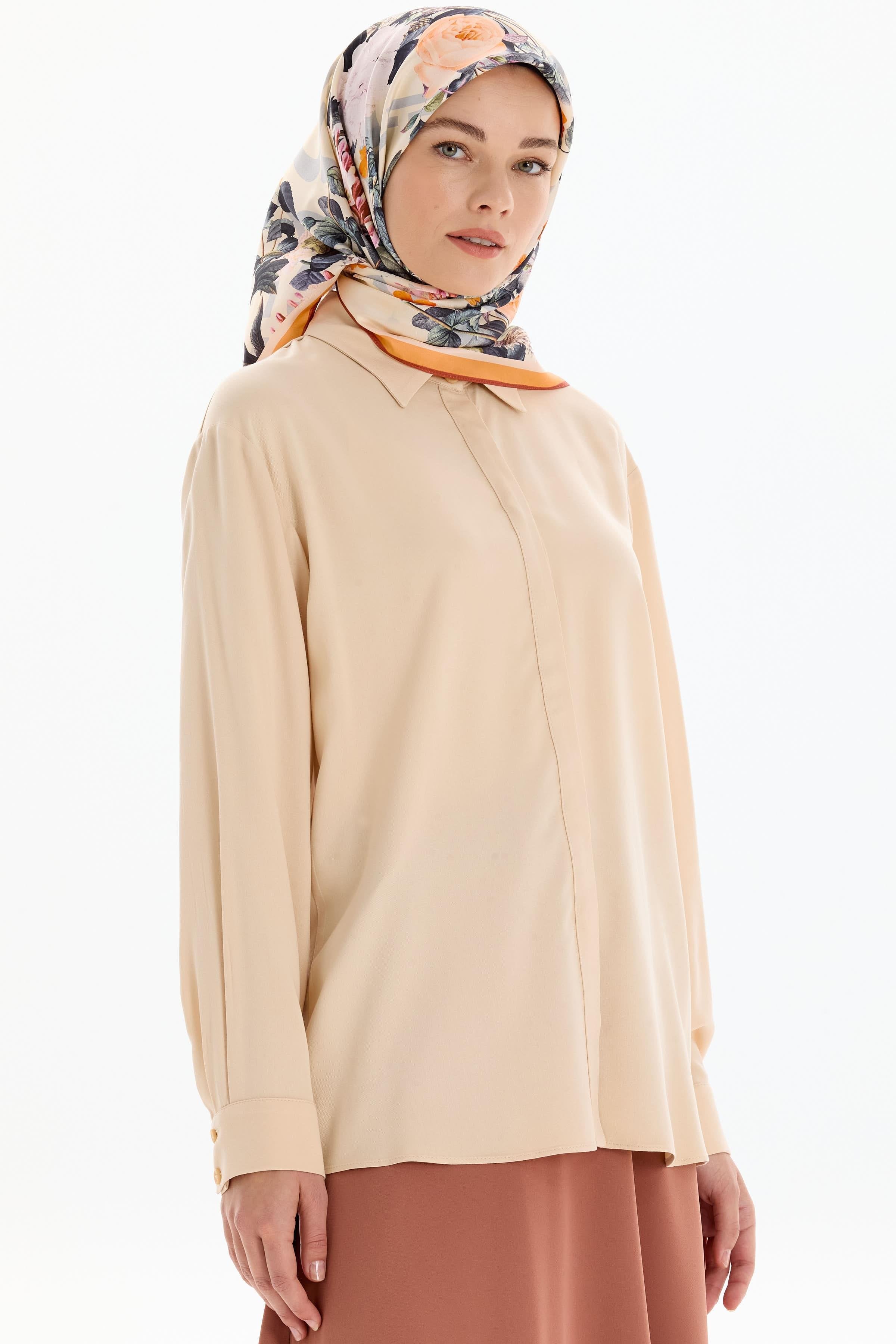 Düşük Kol Viskon Gömlek - Bej TUGBA