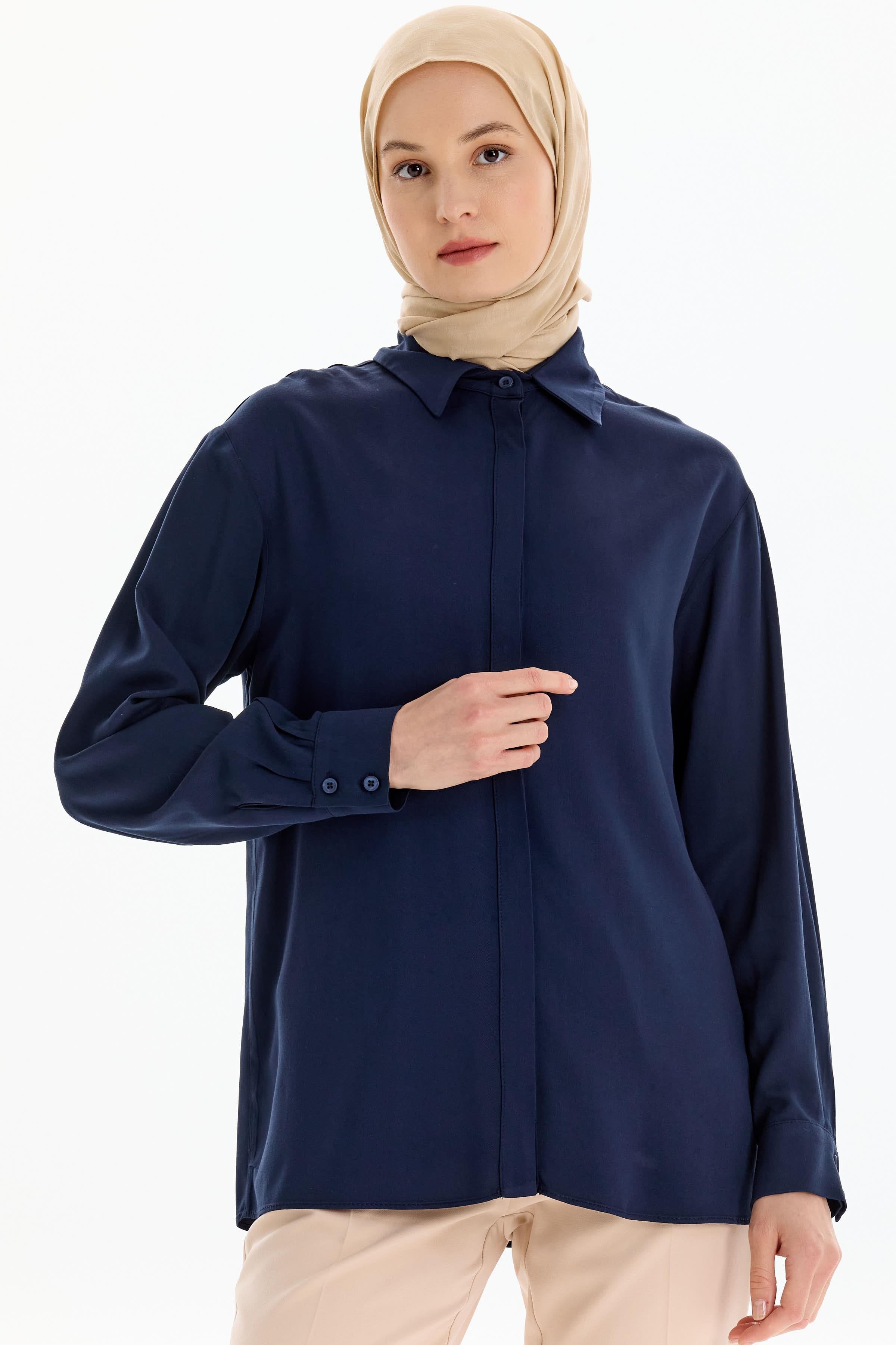 Düşük Kol Viskon Gömlek - Lacivert TUGBA