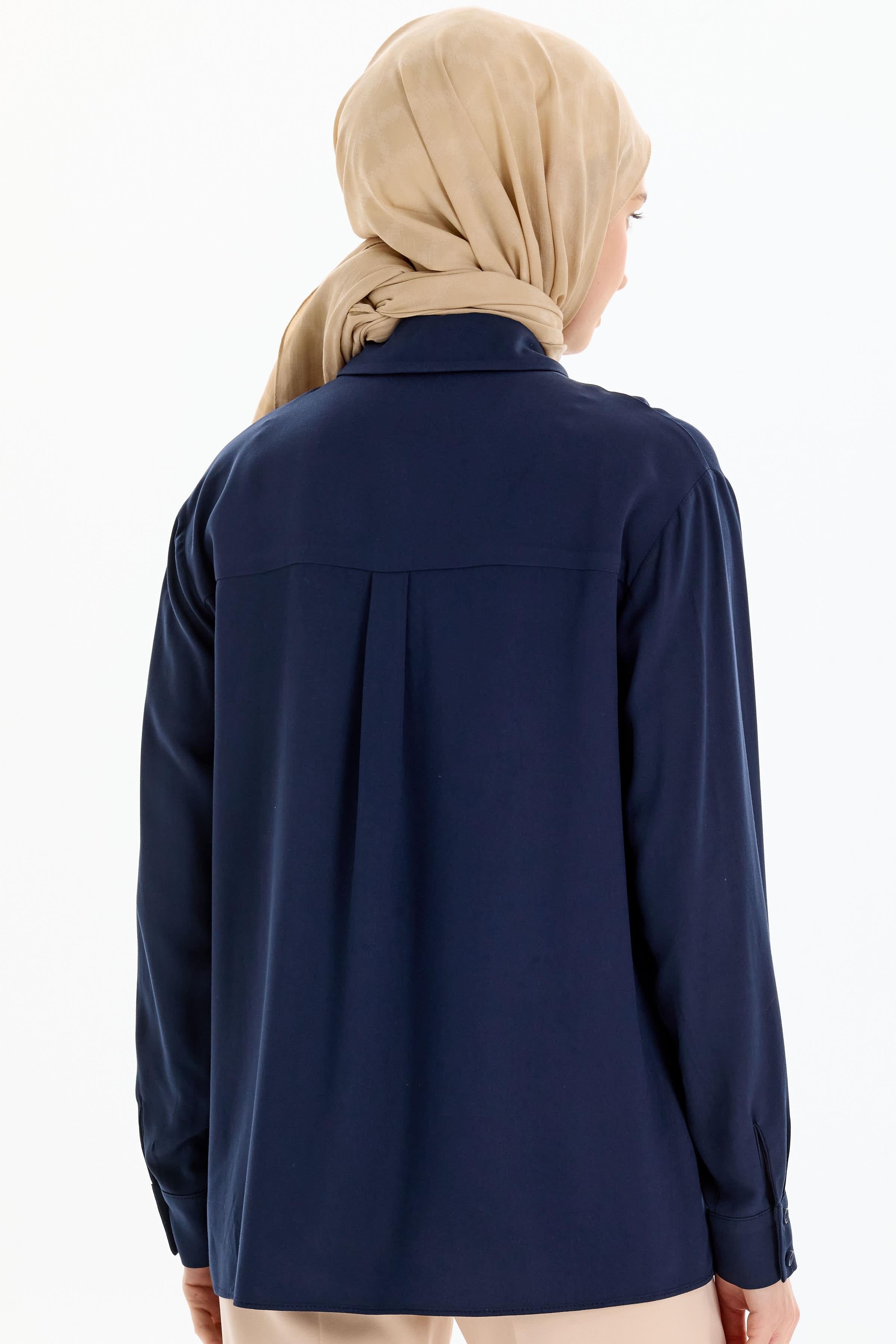 Düşük Kol Viskon Gömlek - Lacivert TUGBA