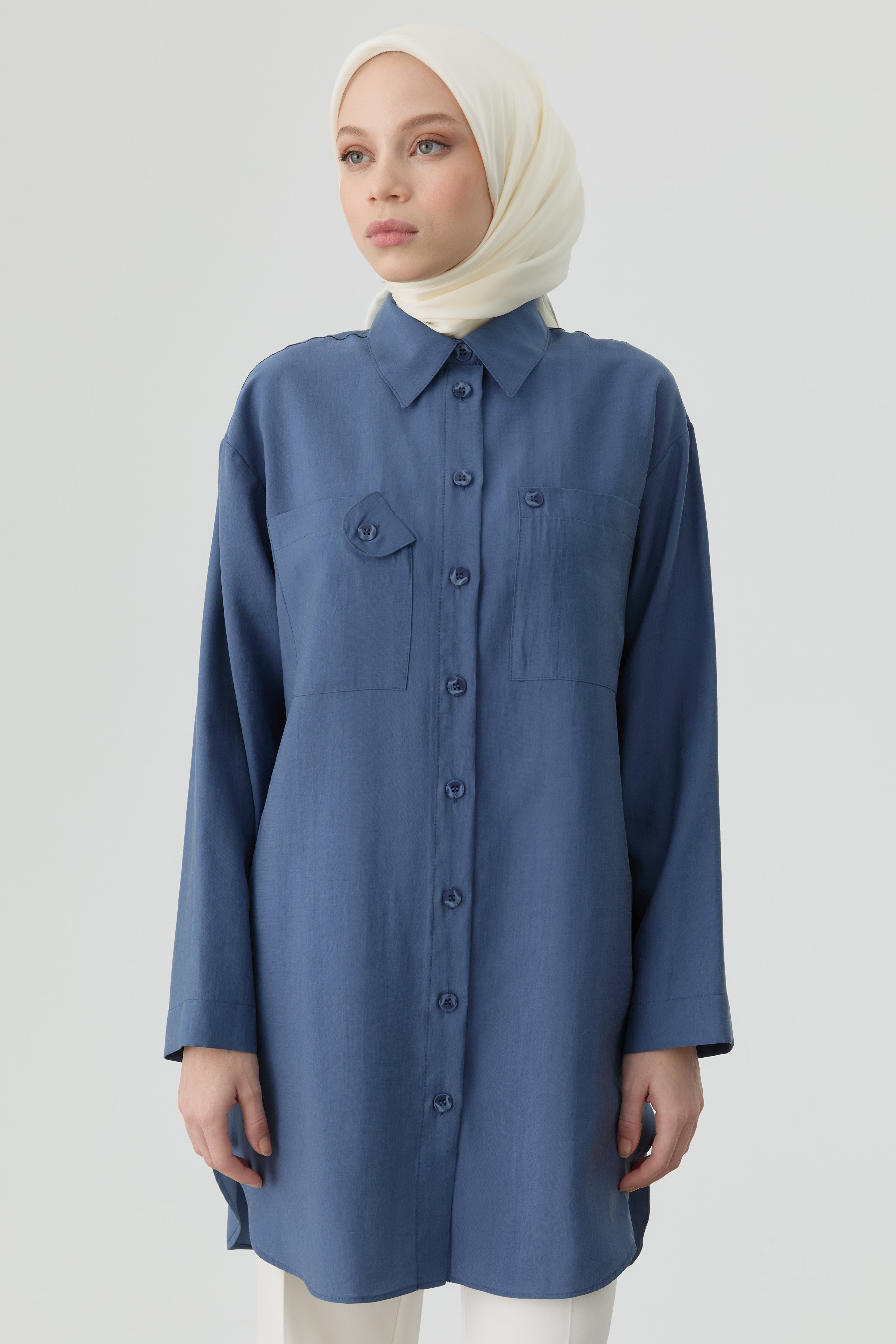 Düşük Kollu Cepli Tunik - İndigo TUGBA
